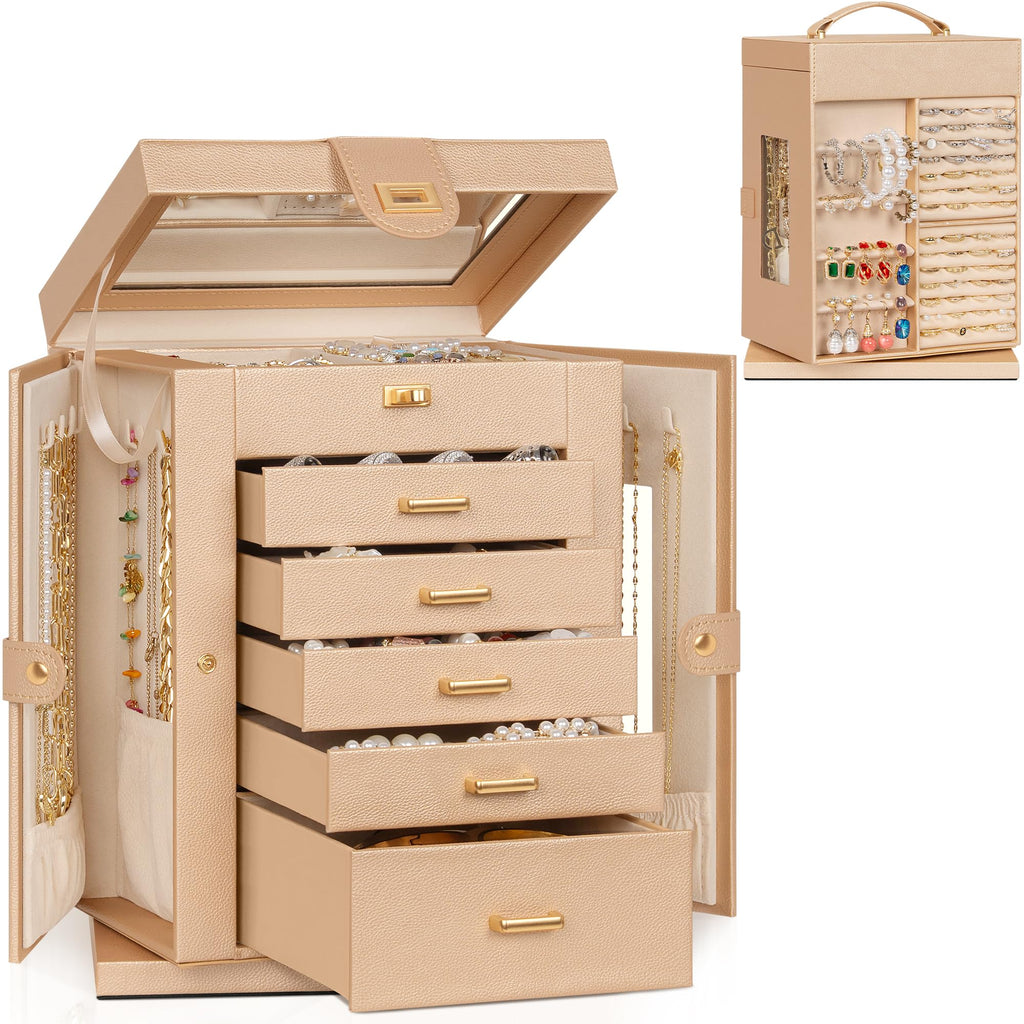 AKOZLIN Jewelry Box 6-Tier Organizer Functional 360° Rotating Jewelry Storage Case for Women Girls Ring Necklace Earring Bracelet Holder with Mirror