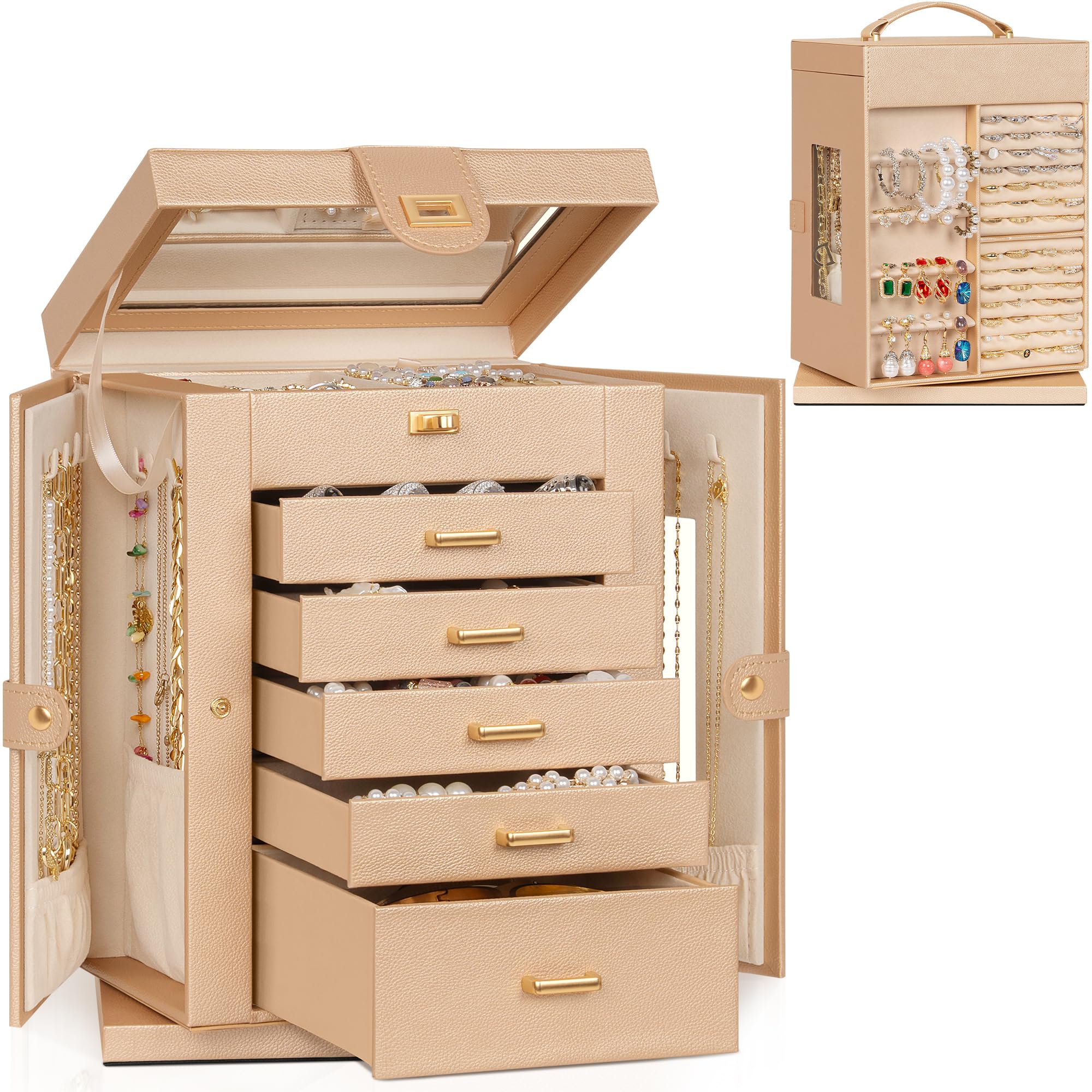 AKOZLIN Jewelry Box 6-Tier Organizer Functional 360° Rotating Jewelry Storage Case for Women Girls Ring Necklace Earring Bracelet Holder with Mirror