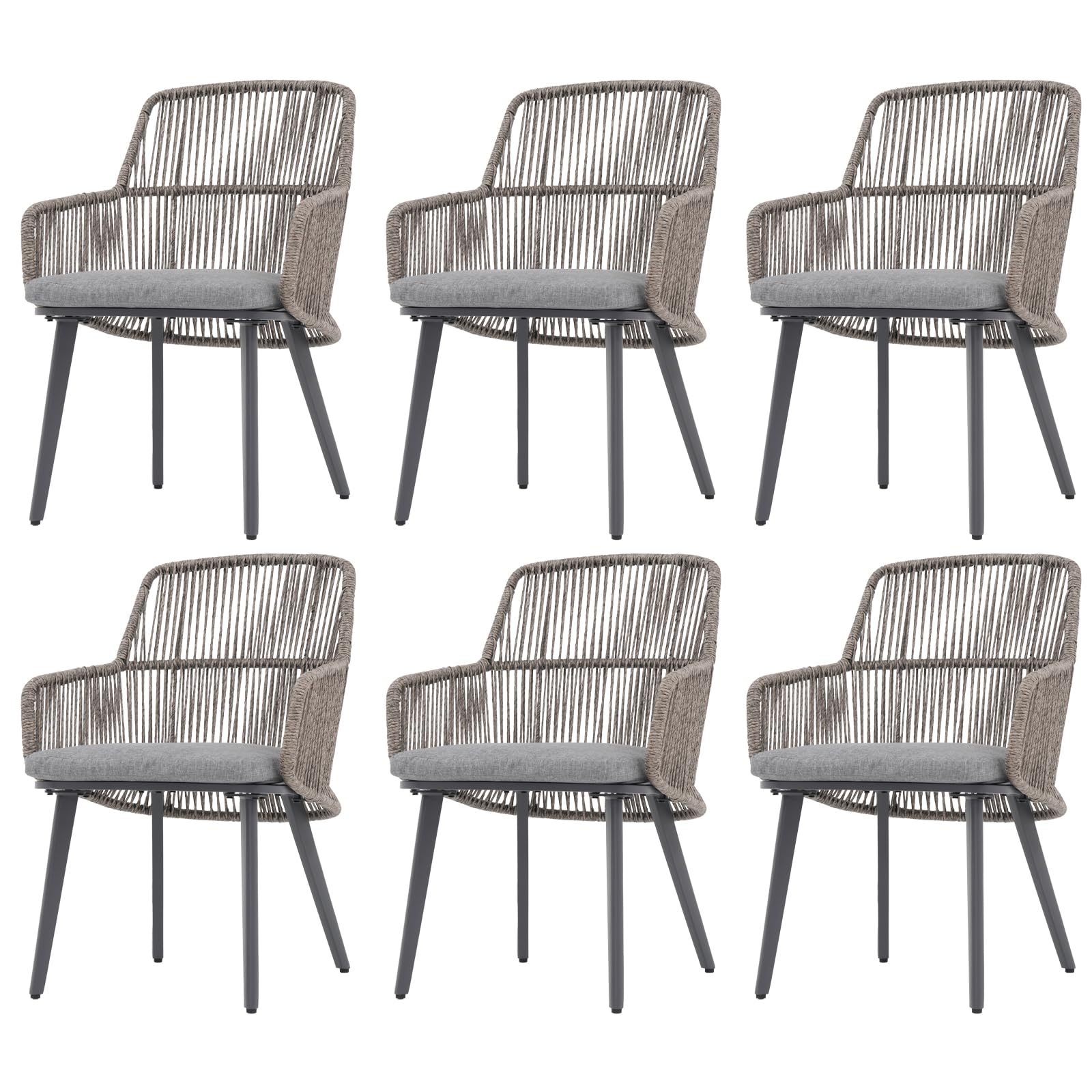Patiorama Patio Dining Chairs Set of 2, Woven Rope Outdoor Dining Chairs w/Steel Frame, All-Weather Twisted Wicker Rattan Chairs with Armrest & Cushion for Indoor Garden Lawn Backyard(Dark Grey)