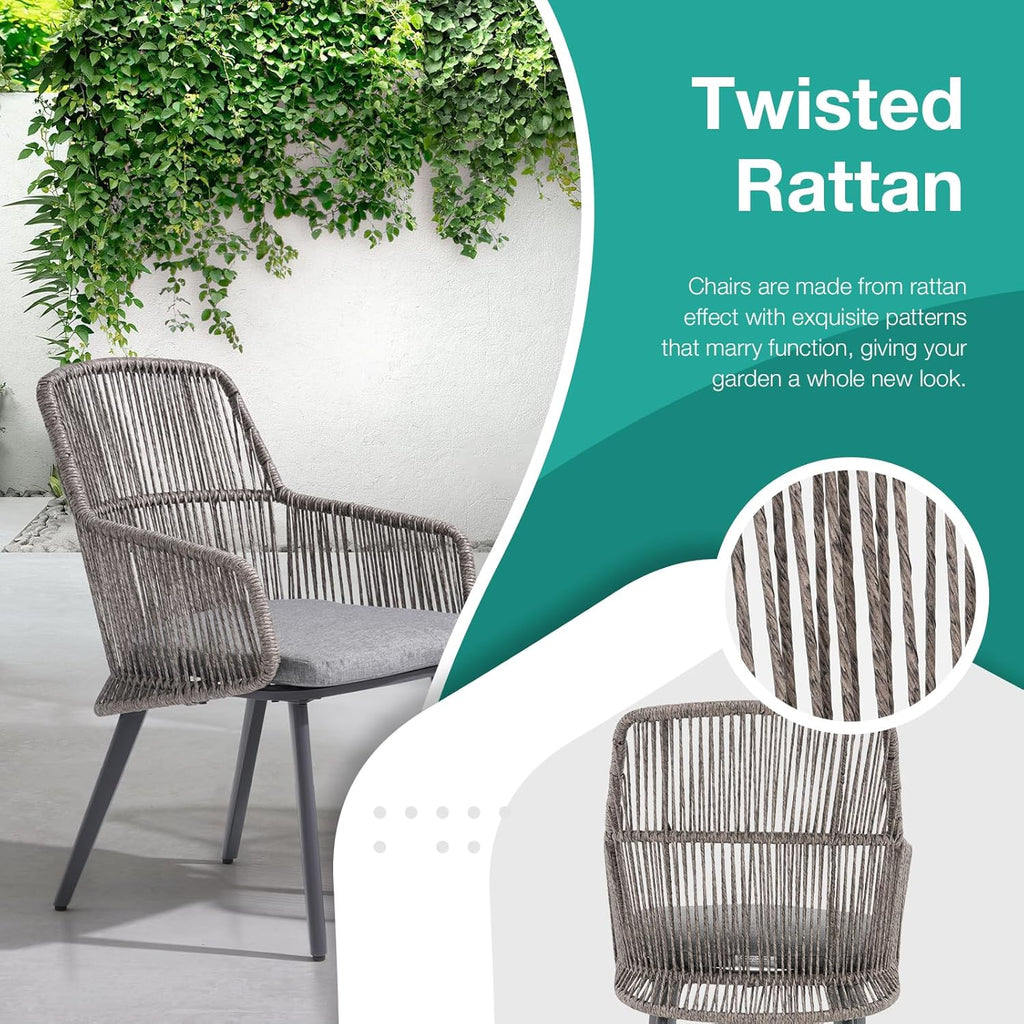 Patiorama Patio Dining Chairs Set of 2, Woven Rope Outdoor Dining Chairs w/Steel Frame, All-Weather Twisted Wicker Rattan Chairs with Armrest & Cushion for Indoor Garden Lawn Backyard(Dark Grey)