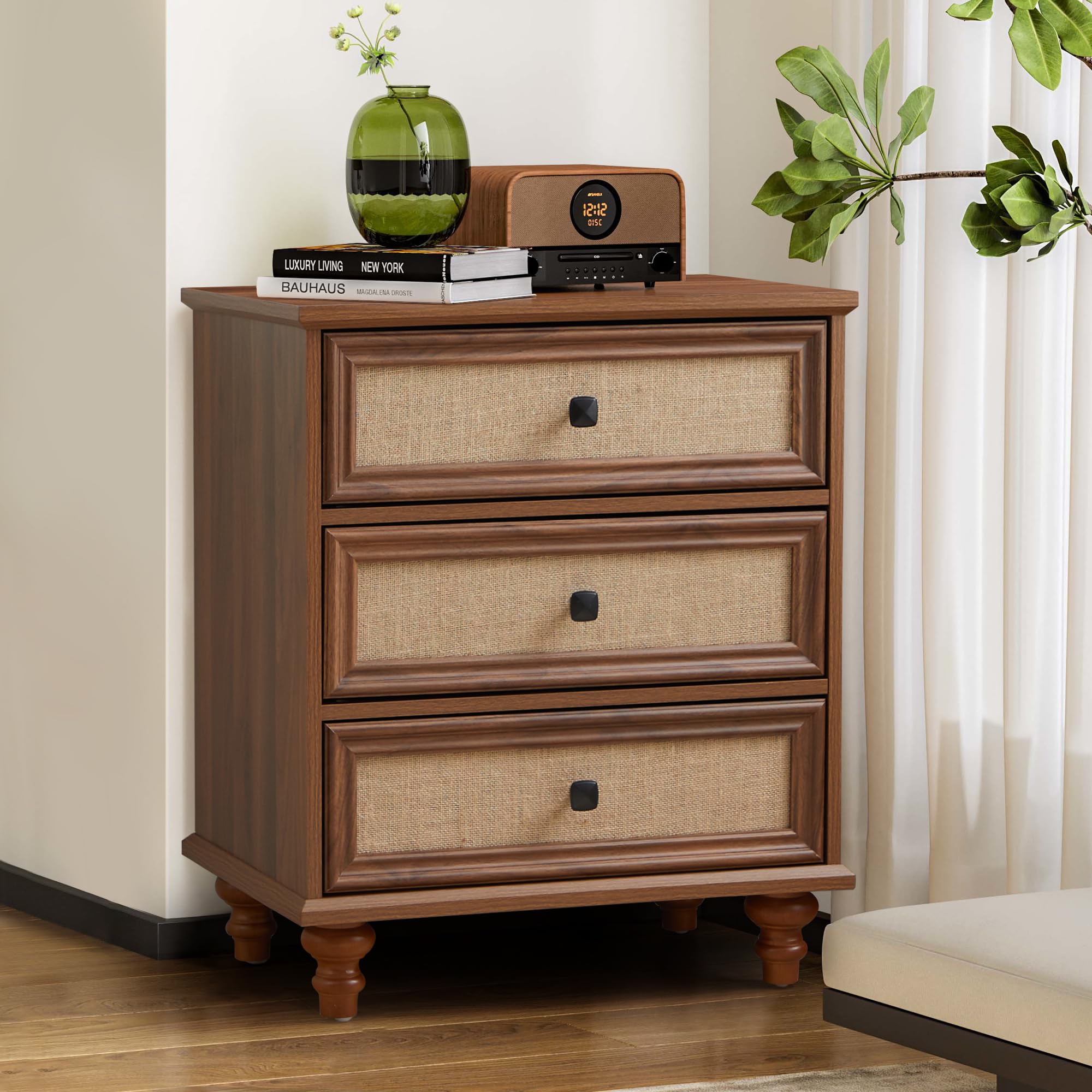 ORRD 3 Drawer Dresser for Bedroom Set of 2, Modern Closet Chest of Drawers with Wave Fluted Drawer, Wood Storage Small Dresser Organizer for Nursery Bedroom Living Room Hallway Closet (Walnut)