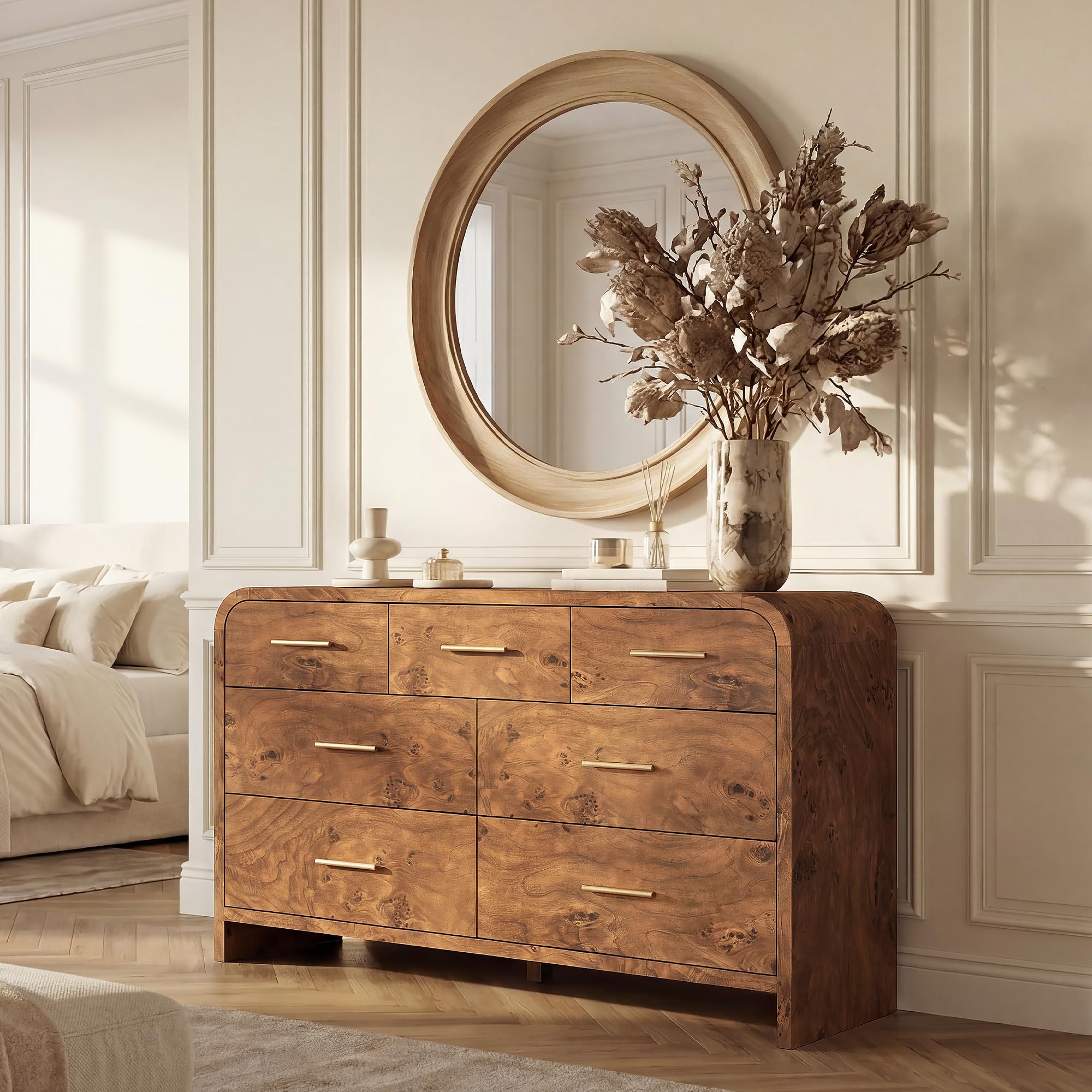 Curved 9-Drawer Dresser for Bedroom, 63" Wide Modern Chest of Drawers, Vanity Desk TV Stand for Living Room, Closet Storage Drawers Organizer Furniture, Nursery, Hallway, Oak