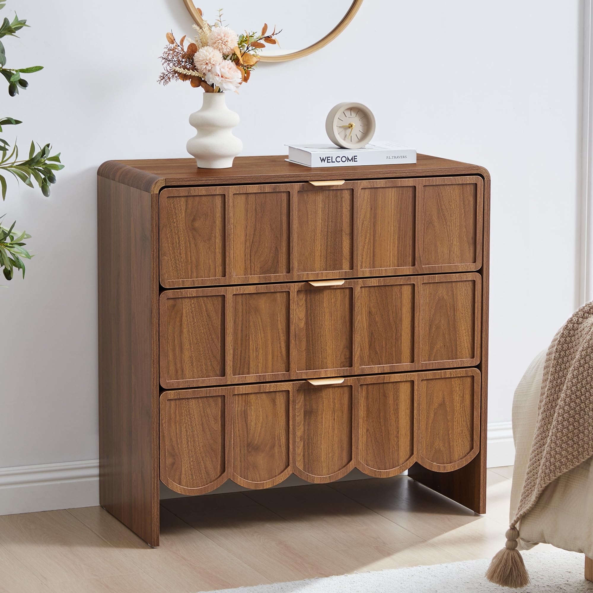 ORRD 3 Drawer Dresser for Bedroom Set of 2, Modern Closet Chest of Drawers with Wave Fluted Drawer, Wood Storage Small Dresser Organizer for Nursery Bedroom Living Room Hallway Closet (Walnut)