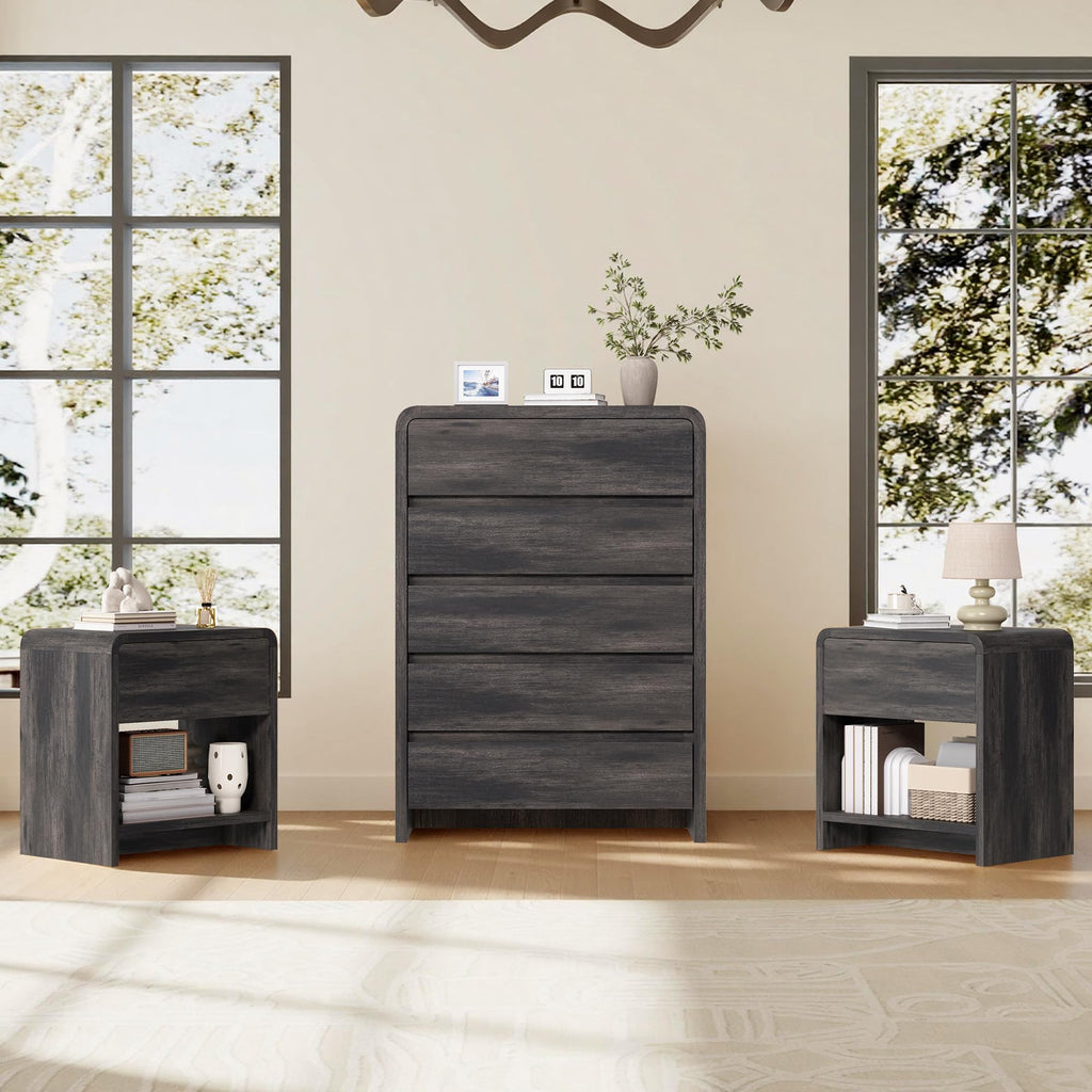Modern 4-Piece Bedroom Furniture Set with 5-Drawer Dresser, 6-Drawer Dresser and 2 Nightstands, Large Storage Capacity, Rounded Corners, Flexible Combination Design, Anti-Tip Kit Included, Black