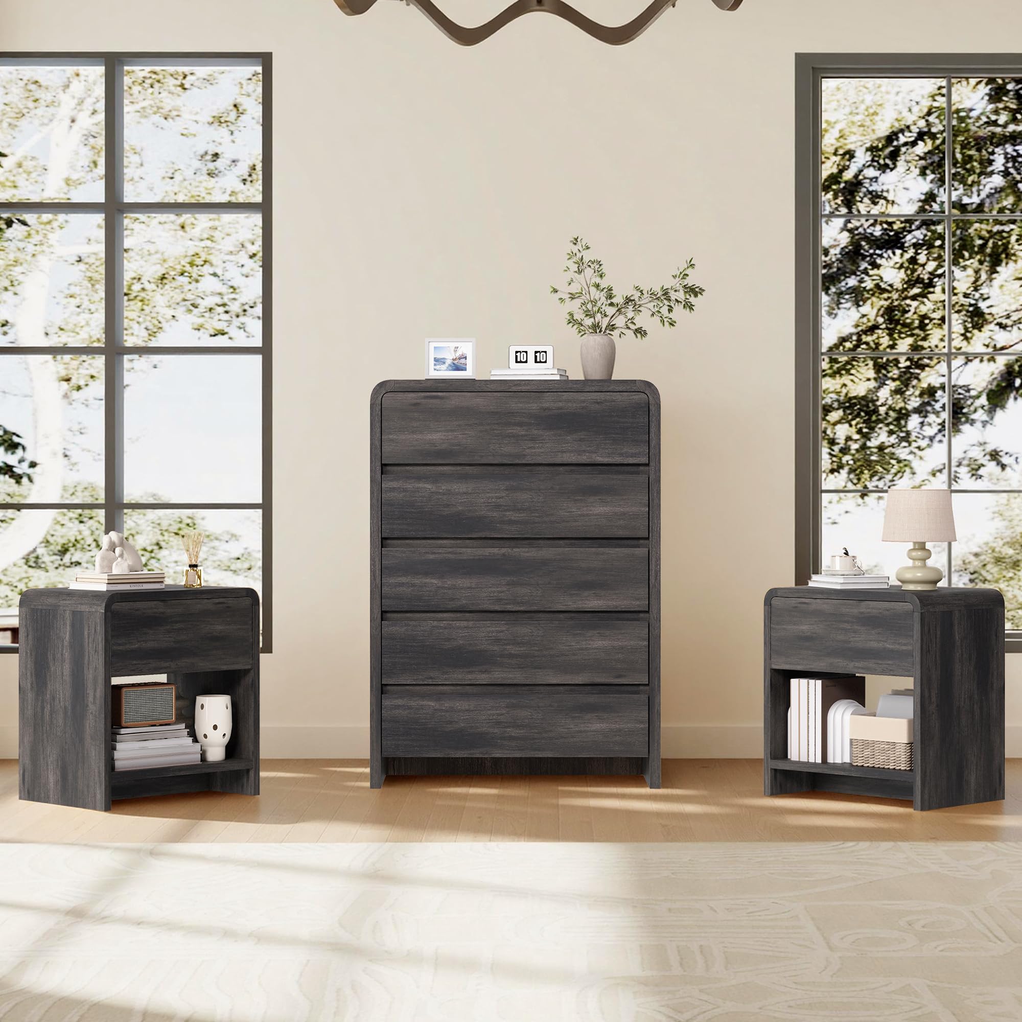 Modern 4-Piece Bedroom Furniture Set with 5-Drawer Dresser, 6-Drawer Dresser and 2 Nightstands, Large Storage Capacity, Rounded Corners, Flexible Combination Design, Anti-Tip Kit Included, Black