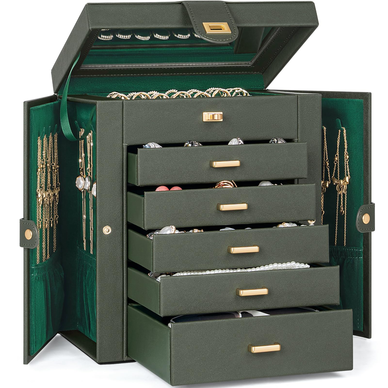 AKOZLIN Jewelry Box Organizer Functional Leather Jewelry Storage Case for Women Girls Ring Necklace Earring Bracelet Holder Organizer with Mirror Black