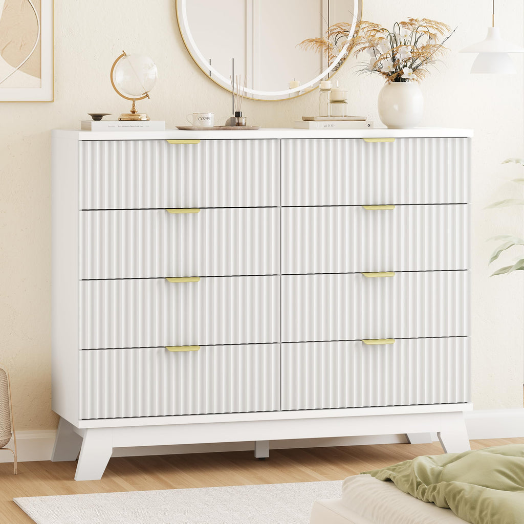 Fluted Dresser for Bedroom with 9 Drawers, 57" Wide Modern Chest of Drawers with Metal Handle, Wooden Dresser TV Stand, Wood Closet Clothes Storage Organizer for Living Room, Hallway, Natural Oak