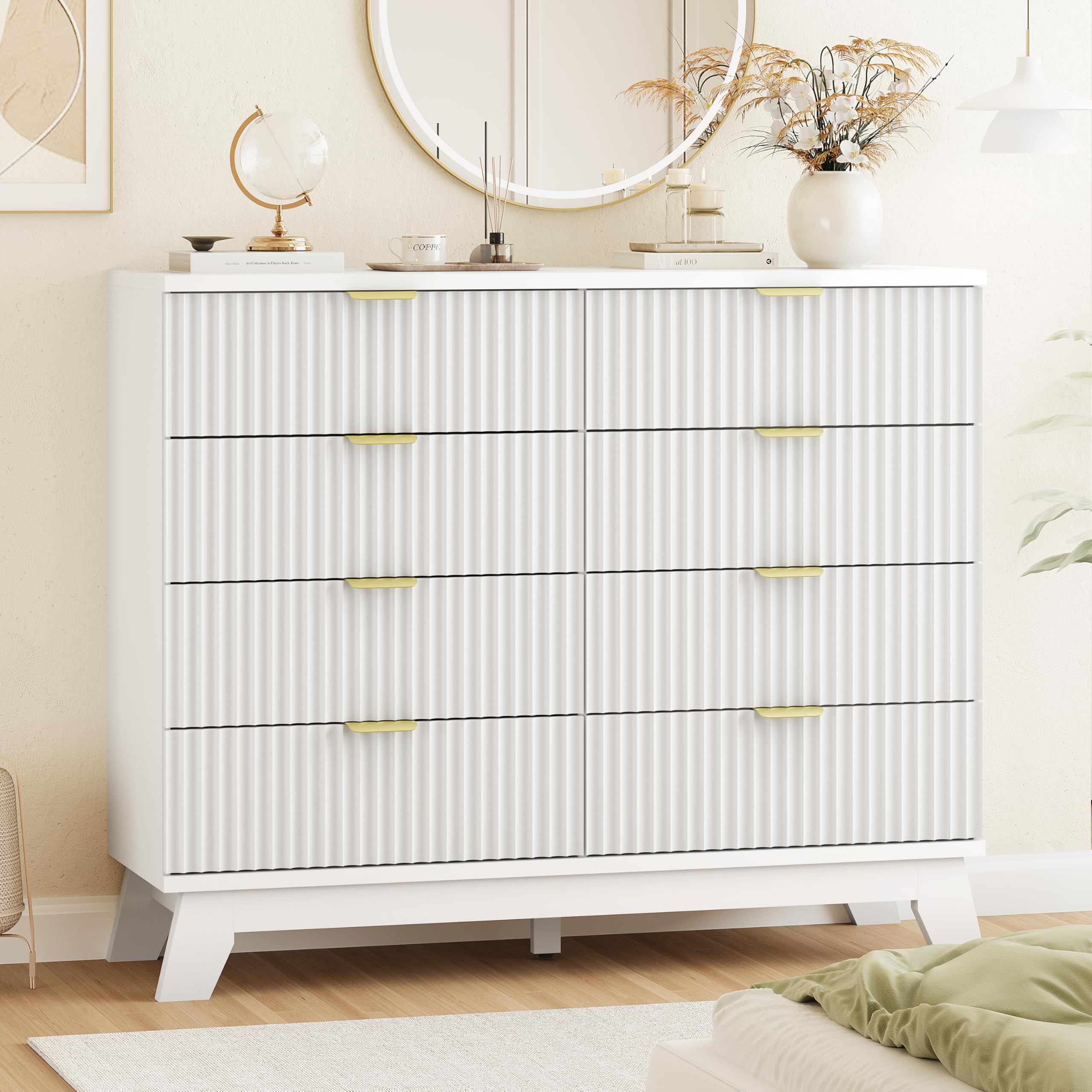 Fluted Dresser for Bedroom with 9 Drawers, 57" Wide Modern Chest of Drawers with Metal Handle, Wooden Dresser TV Stand, Wood Closet Clothes Storage Organizer for Living Room, Hallway, Natural Oak