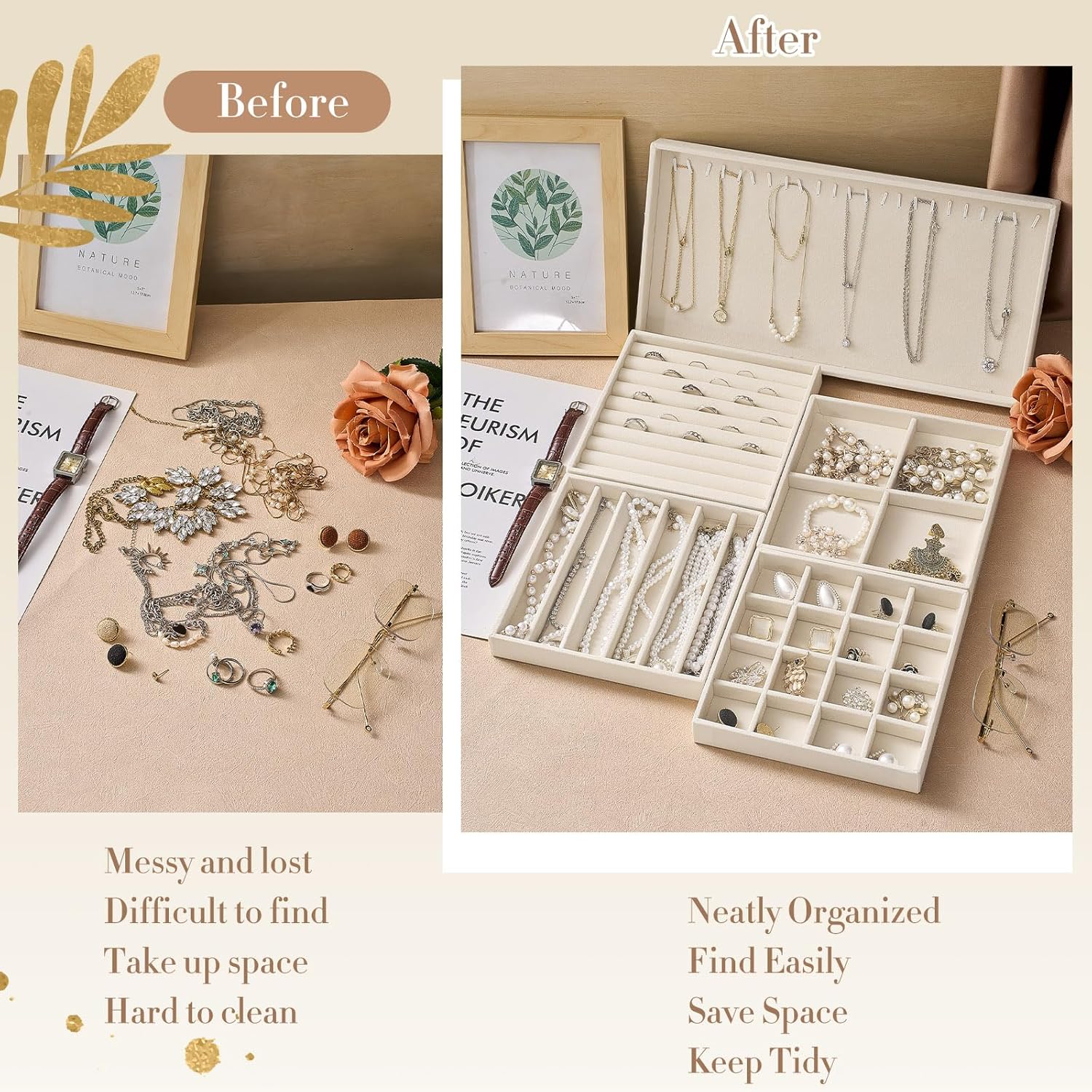 10 Pack 14 Inch Beige Velvet Stackable Jewelry Drawer Trays with Removable Dividers for Earrings Rings Necklaces Watches