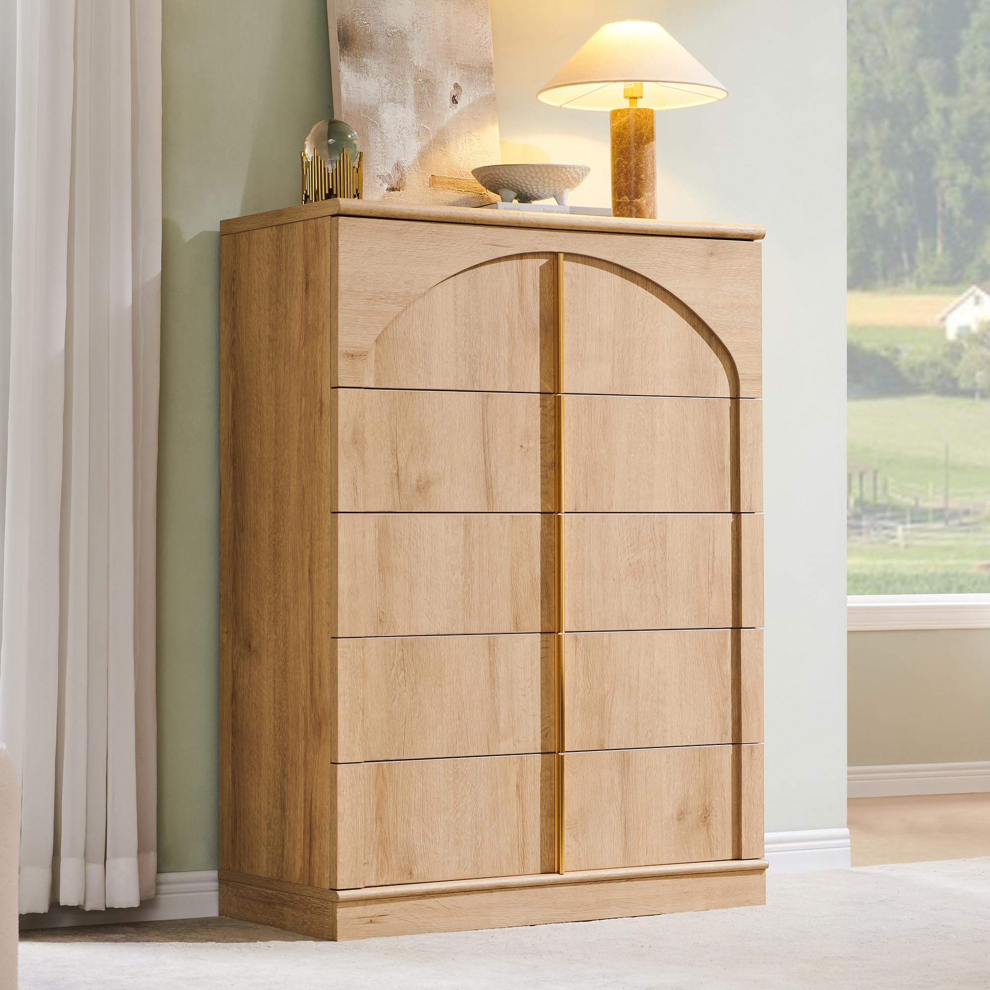 ACCOHOHO Large Dresser for Bedroom with 8 Drawers with Arched Panel,Modern Minimalist Chest of Drawers with Gold Handles,Wood Storage Closet Dressers Tv Stand for Living Room, Hallway,Natural Oak