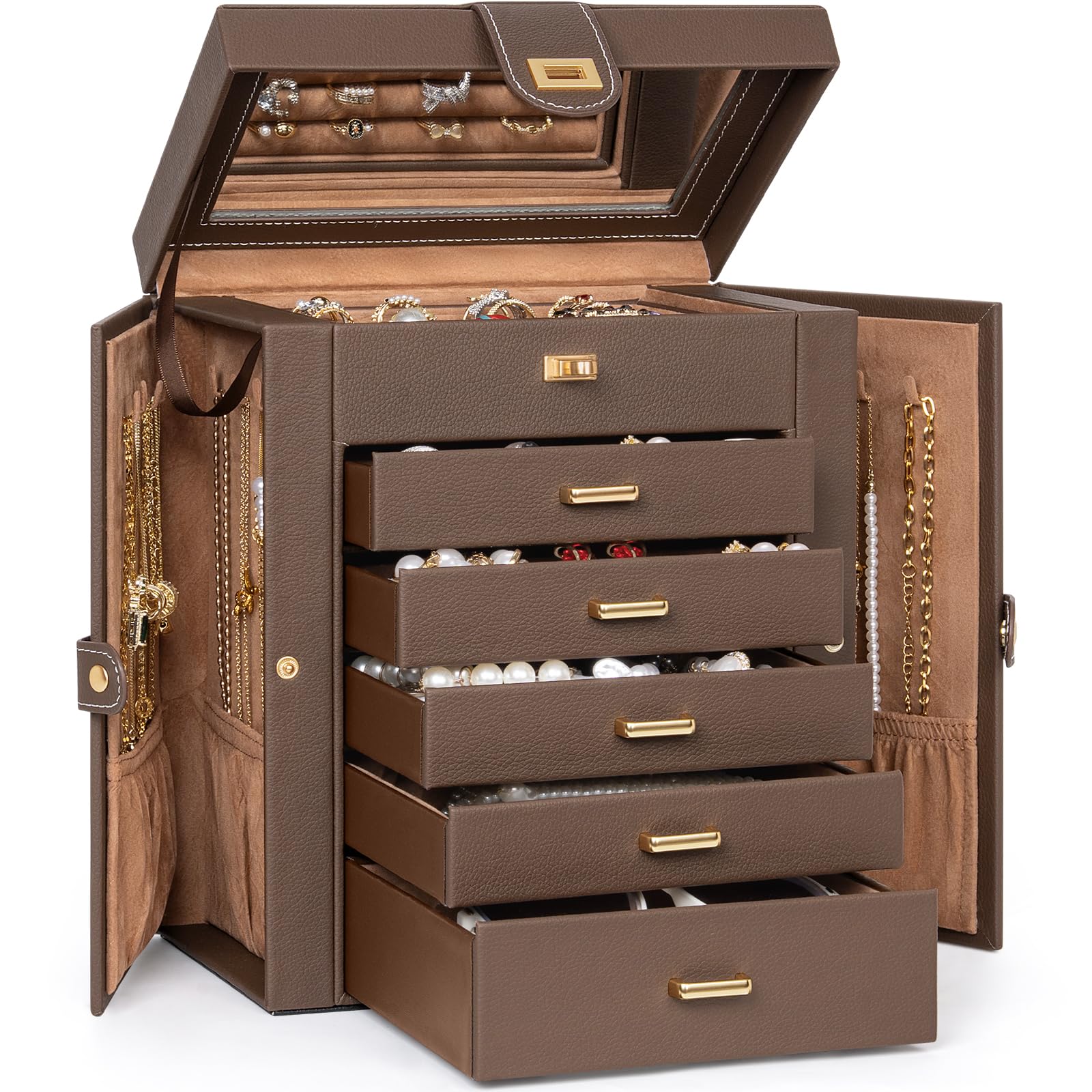 AKOZLIN Jewelry Box Organizer Functional Leather Jewelry Storage Case for Women Girls Ring Necklace Earring Bracelet Holder Organizer with Mirror Black