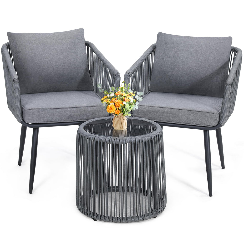 Kromax 3 Pieces Patio Rattan Bistro Conversation Set, Outdoor All-Weather Wicker Furniture Chairs and Side Table Set Ideal for Balcony, Porch and Backyard, Black