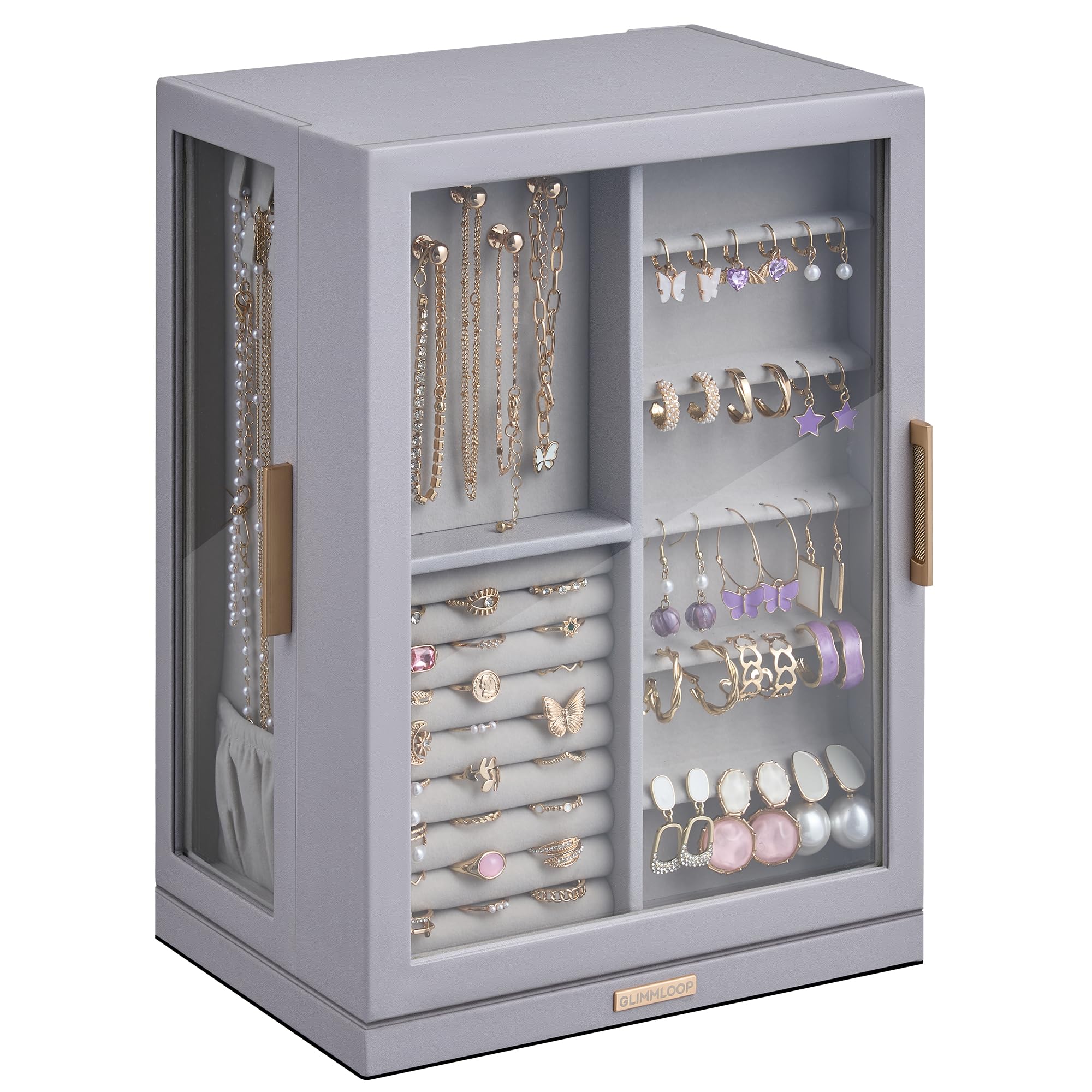 Glimmloop 360° Rotating Jewelry Box with 5 Drawers, Spacious Vertical Jewelry Organizer with Glass Window, Jewelry Storage Case, Dustproof & Moisture-resistant Design, White