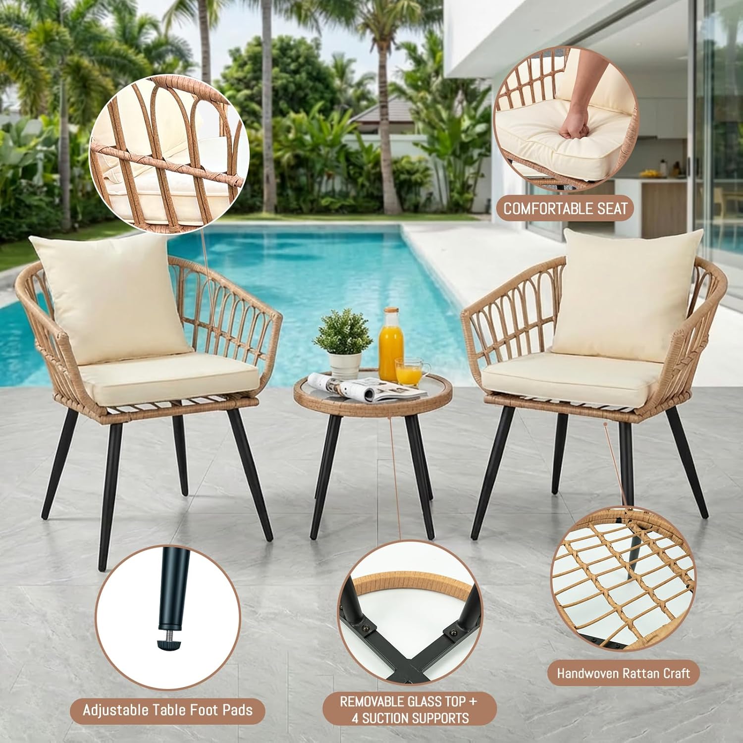 3Pcs Beige All-Weather Wicker Outdoor Bistro Set Patio Table & Chairs for Backyard Deck Poolside