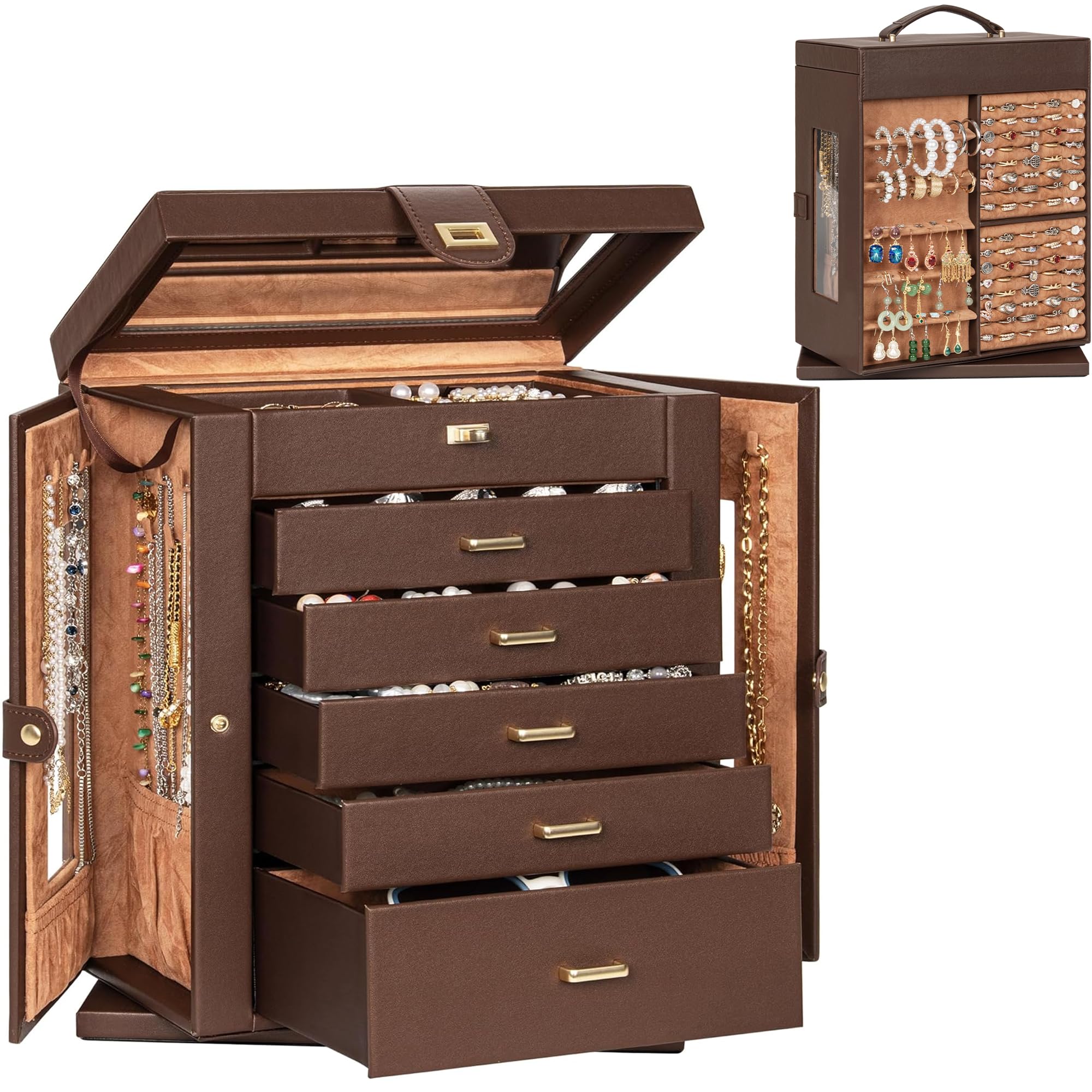 AKOZLIN Jewelry Box 6-Tier Organizer Functional 360° Rotating Jewelry Storage Case for Women Girls Ring Necklace Earring Bracelet Holder with Mirror