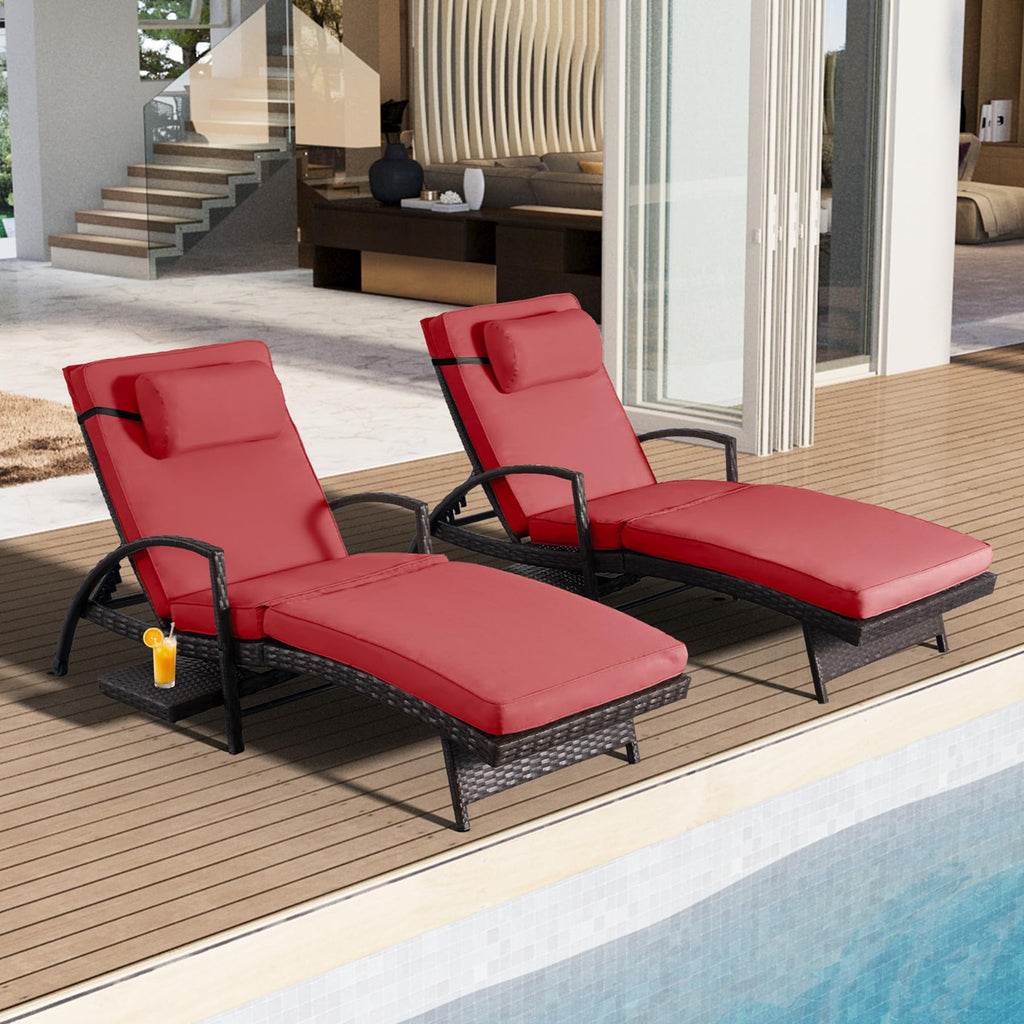 Chaise Lounge Chairs Set of 2, 6-Position Adjustable Outdoor Recliner with Side Table & Wheel,All-Weather PE Rattan Wicker Patio Lounge Chair With Removable Cushion for Poolside Backyard Beach (Beige)