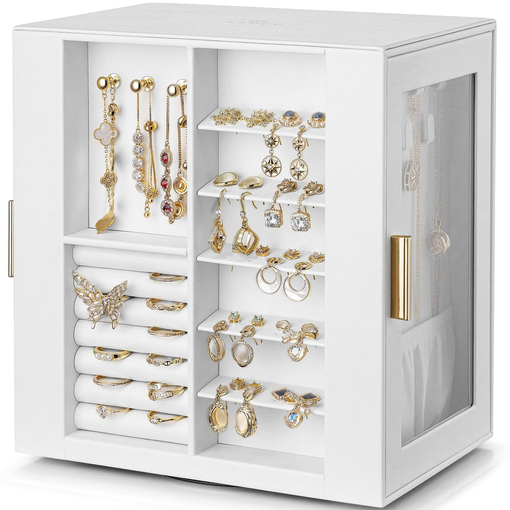 VLANDO 360ｰ Rotating Jewelry Box with 5 Drawers, Large Jewelry Storage with 2 Glass Window, PU Leather Jewelry Organizer for Bracelets, Necklaces, Earrings, Rings - Cloud White