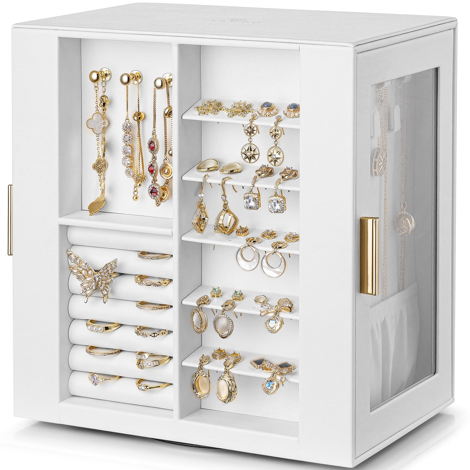 VLANDO 360ｰ Rotating Jewelry Box with 5 Drawers, Large Jewelry Storage with 2 Glass Window, PU Leather Jewelry Organizer for Bracelets, Necklaces, Earrings, Rings - Cloud White