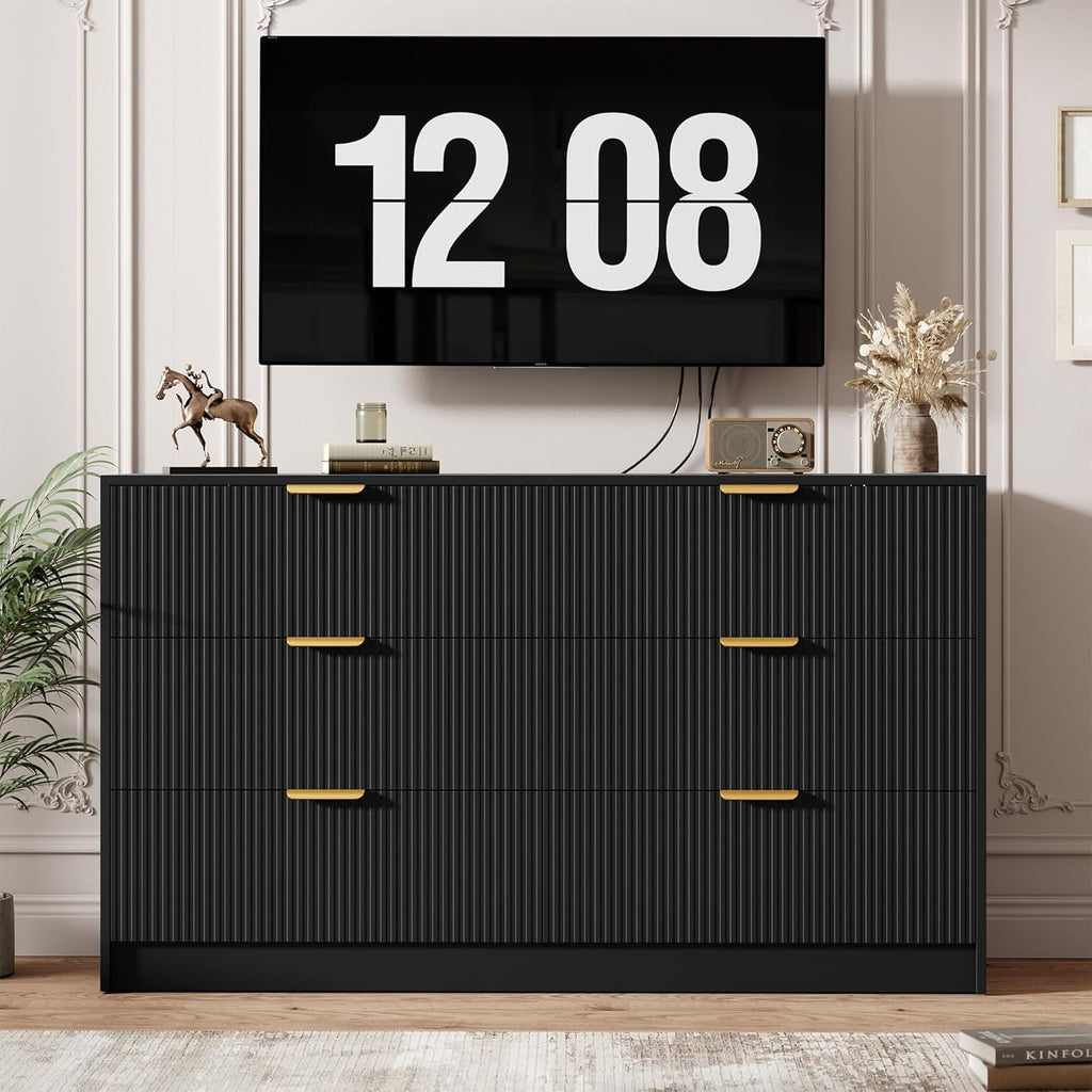 Garvee 6 Drawers Dresser for Bedroom - 54" Wide Modern Fluted Double Chest of Drawers with Golden Metal Handles, Large TV Stand Multi-Function Home Organizer for Living Room, Entryway, Hallway, Black