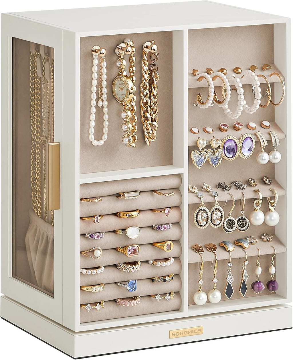 SONGMICS Jewelry Box 360° Rotating, Jewelry Storage Case with 5 Drawers, Jewelry Organizer, Glass Window, Spacious, Vertical Jewelry Storage, Open Design, Great Gift, Cloud White UJBC170W01