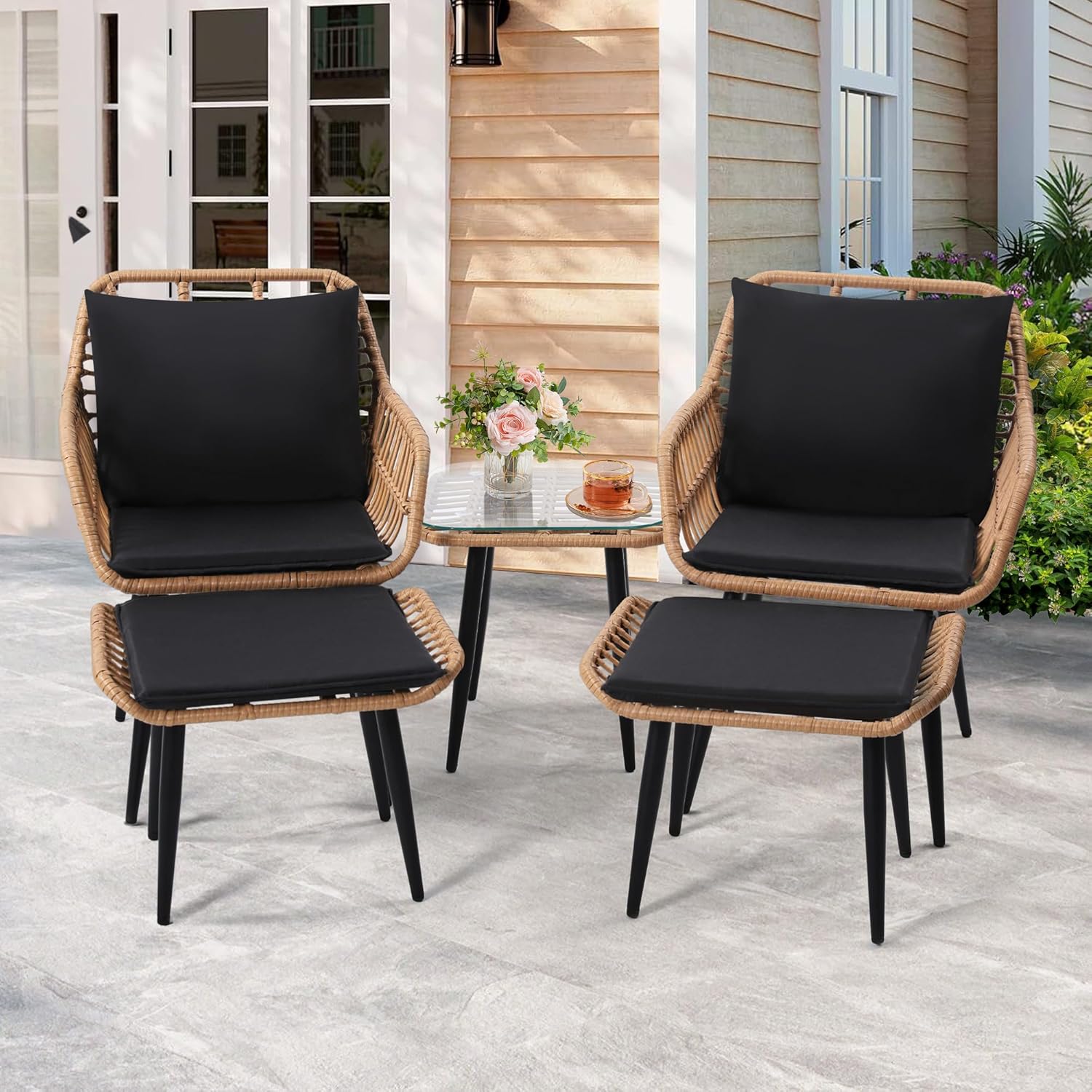 KROFEM 5 Piece Wicker Bistro Patio Conversation Furniture Set, Includes 2 Chairs, 2 Ottomans, and Side Table, Ideal for Porch, Balcony, Deck, Backyard, Natural