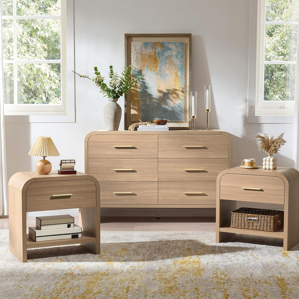 3-Piece Modern Bedroom Furniture Set, 6-Drawer& 1-Drawer Nightstands Set of 2, Unique Curved Design Wooden Dresser and Nightstand Sets for Bedroom, Hallway, Oak