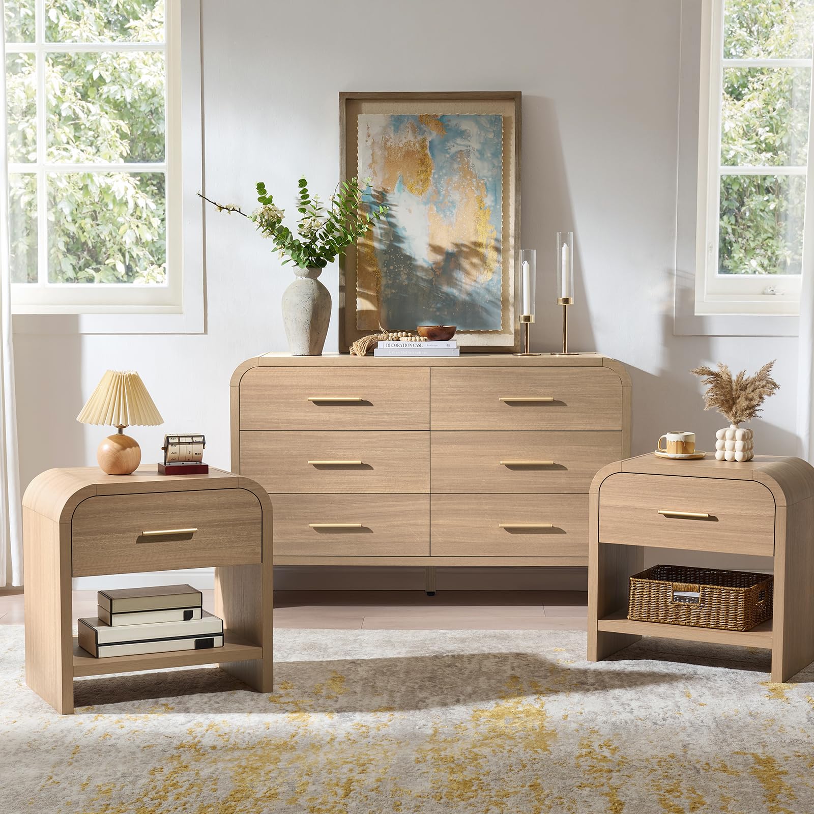 3-Piece Modern Bedroom Furniture Set, 6-Drawer& 1-Drawer Nightstands Set of 2, Unique Curved Design Wooden Dresser and Nightstand Sets for Bedroom, Hallway, Oak