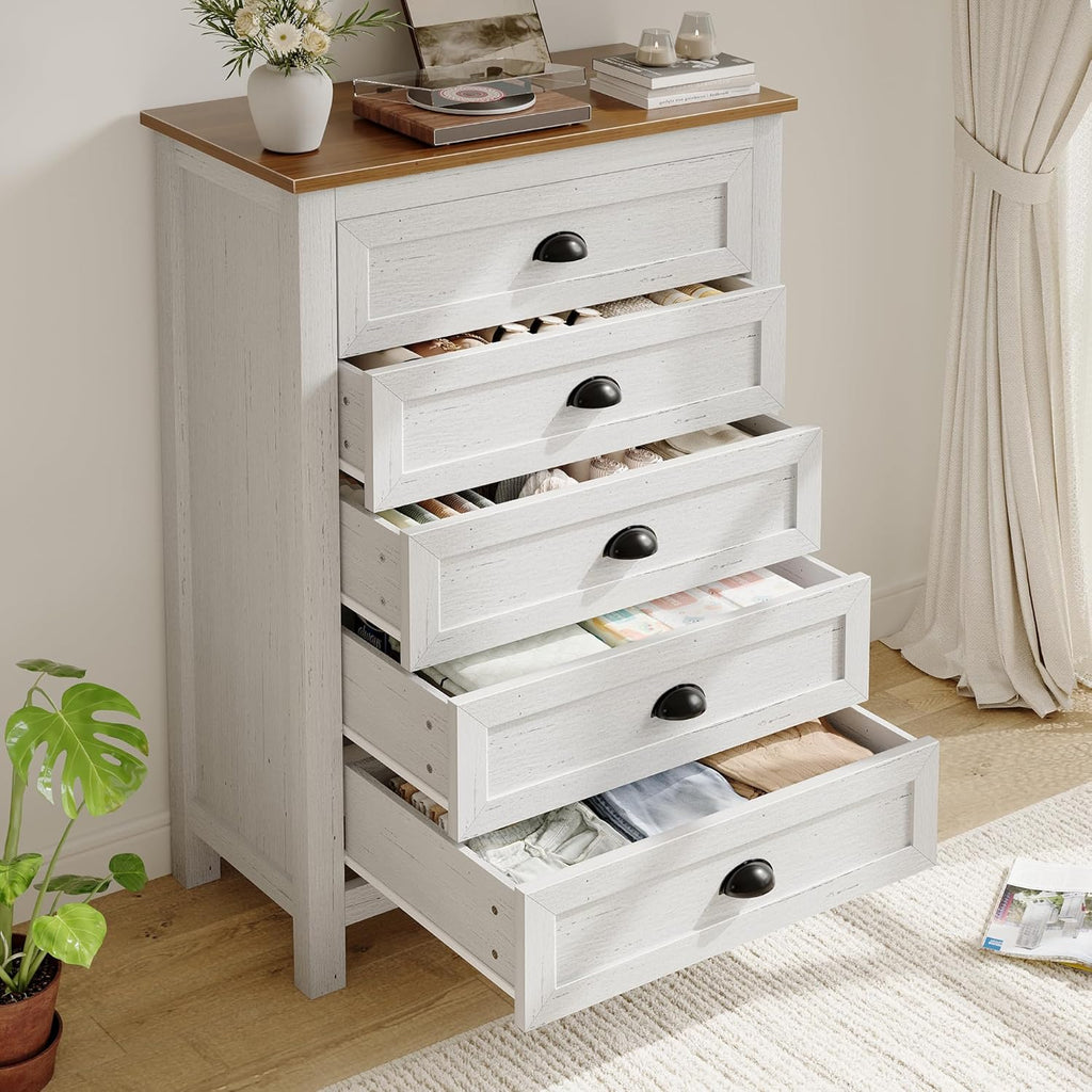 SINROM Farmhouse 2-Piece Bedroom Dresser Set, 6 Drawer Wide Dresser & 5 Drawer Tall Dressers, Distressed Wood Grain Finish with Shell Handles, Dressers Chest of Drawers for Bedroom