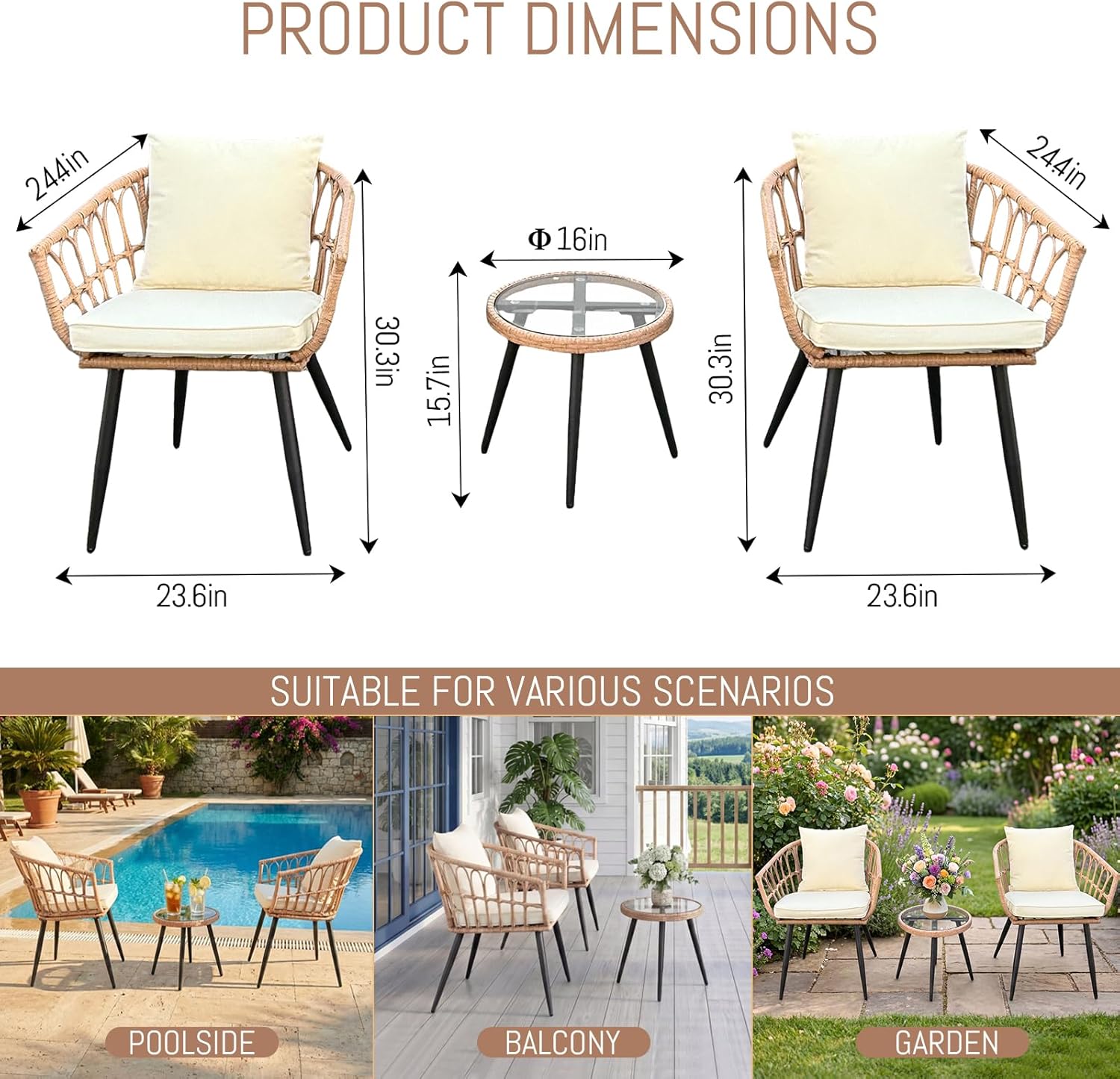 3Pcs Beige All-Weather Wicker Outdoor Bistro Set Patio Table & Chairs for Backyard Deck Poolside