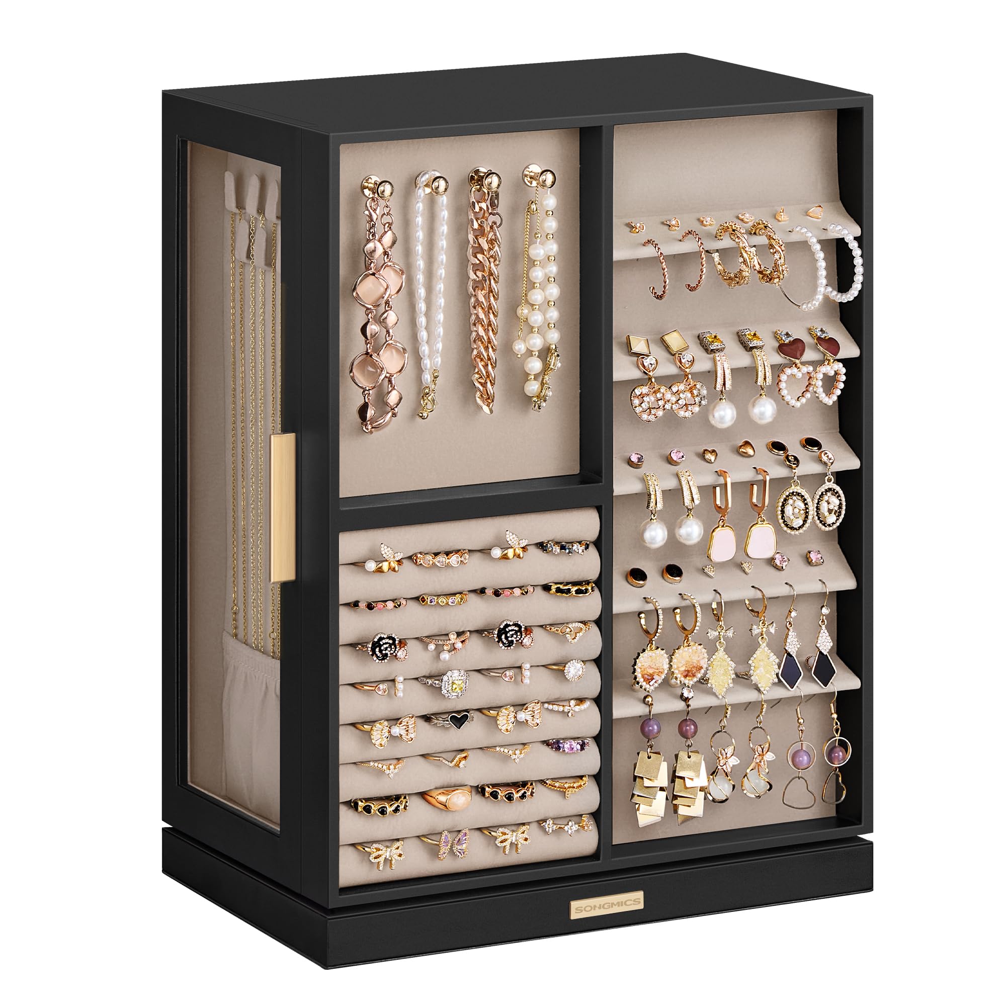 SONGMICS Jewelry Box 360° Rotating, Jewelry Storage Case with 5 Drawers, Jewelry Organizer, Glass Window, Spacious, Vertical Jewelry Storage, Open Design, Great Gift, Cloud White UJBC170W01