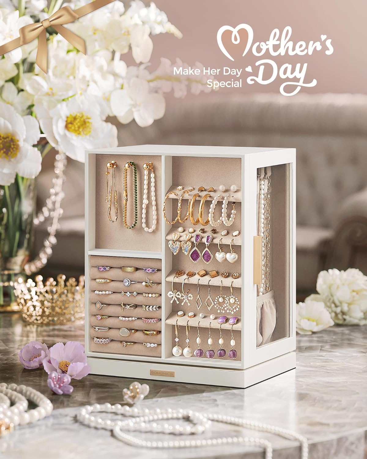 SONGMICS Jewelry Box 360° Rotating, Jewelry Storage Case with 5 Drawers, Jewelry Organizer, Glass Window, Spacious, Vertical Jewelry Storage, Open Design, Great Gift, Cloud White UJBC170W01