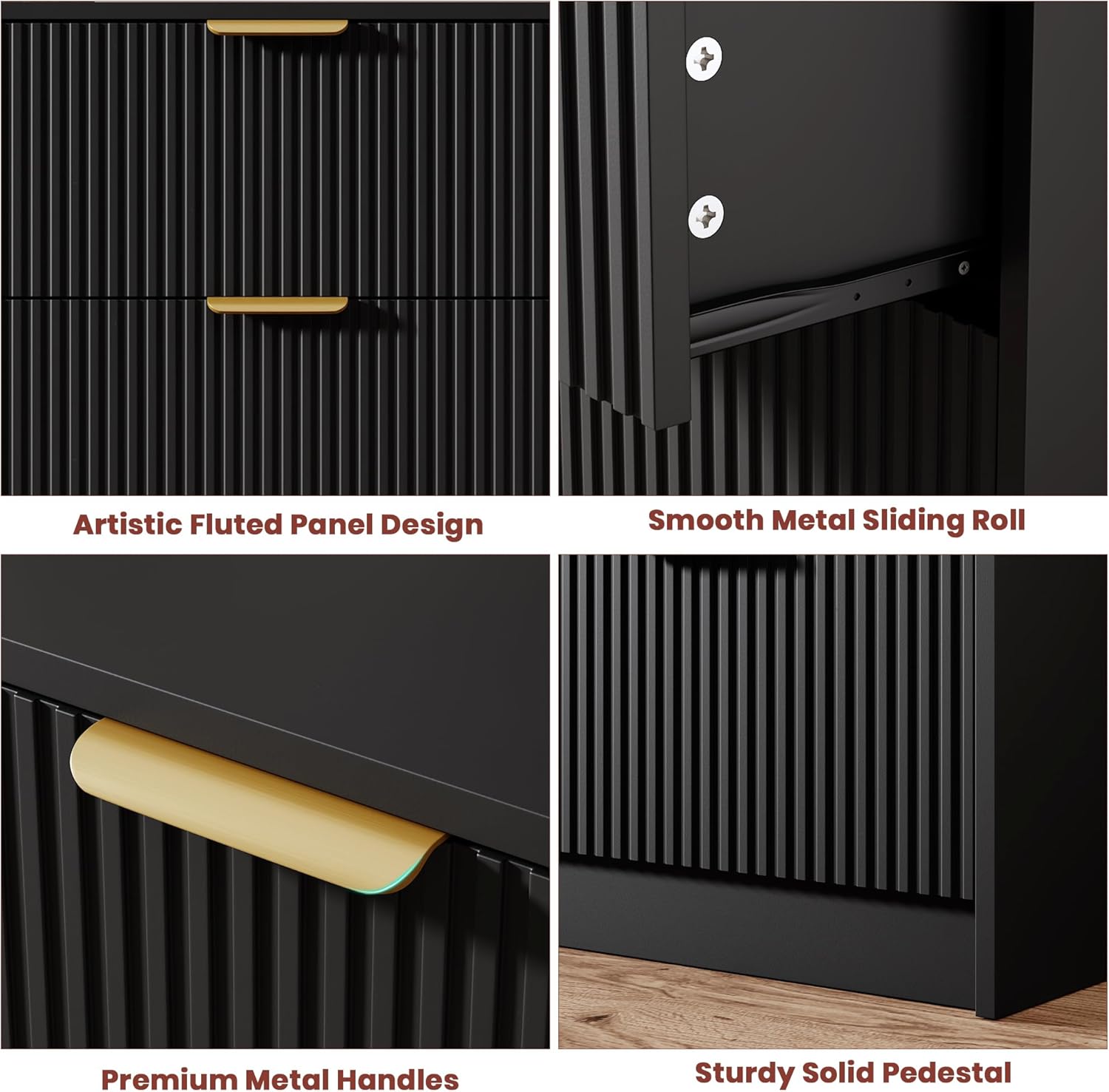 Garvee 6 Drawers Dresser for Bedroom - 54" Wide Modern Fluted Double Chest of Drawers with Golden Metal Handles, Large TV Stand Multi-Function Home Organizer for Living Room, Entryway, Hallway, Black