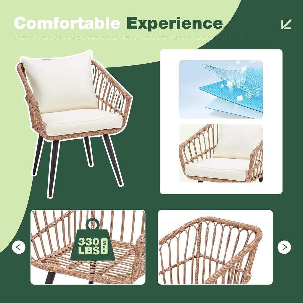 ECOTOUGE 3 Piece Wicker Patio Bistro Set, Outdoor Rattan Dining Set with Glass Top Table, Chairs, and Cushions, All-Weather Conversation Furniture Sets for Porch Backyard Lawn Poolside, Beige
