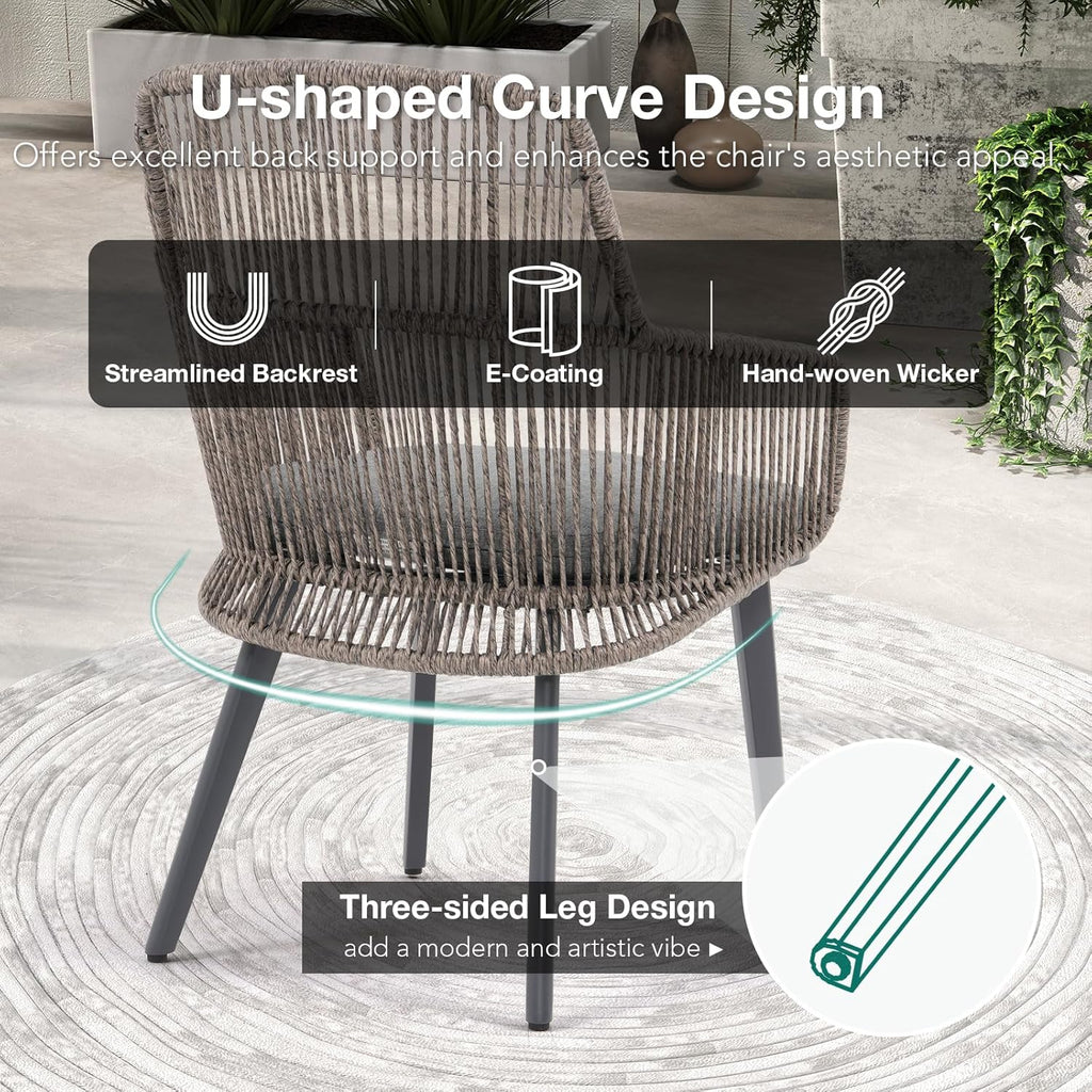 Patiorama Patio Dining Chairs Set of 2, Woven Rope Outdoor Dining Chairs w/Steel Frame, All-Weather Twisted Wicker Rattan Chairs with Armrest & Cushion for Indoor Garden Lawn Backyard(Dark Grey)