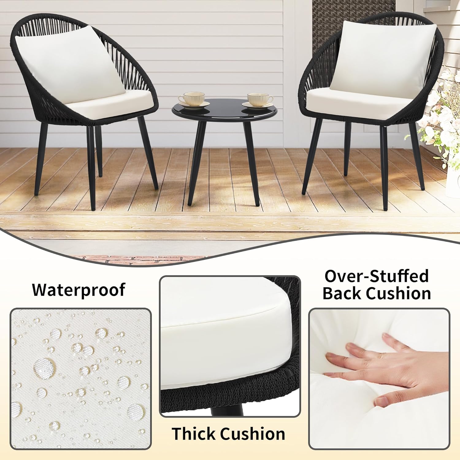 wildformers 3 Pieces Bistro Set, Woven Rope Chair with Cushions, All Weather Patio Conversation Set and Side Table, Ideal for Deck, Balcony, Poolside, Black