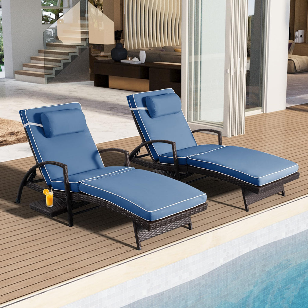 Chaise Lounge Chairs Set of 2, 6-Position Adjustable Outdoor Recliner with Side Table & Wheel,All-Weather PE Rattan Wicker Patio Lounge Chair With Removable Cushion for Poolside Backyard Beach (Beige)