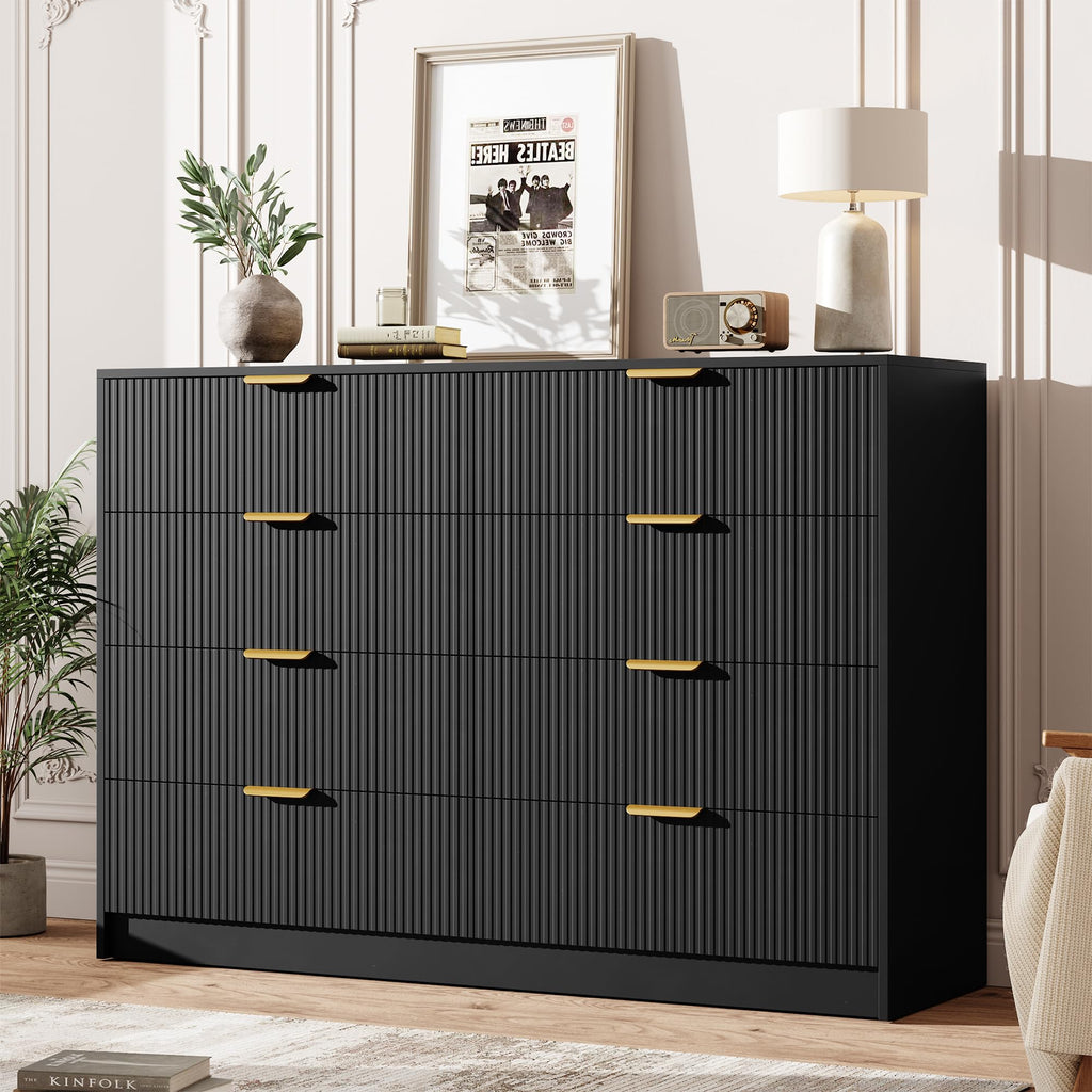 Garvee 6 Drawers Dresser for Bedroom - 54" Wide Modern Fluted Double Chest of Drawers with Golden Metal Handles, Large TV Stand Multi-Function Home Organizer for Living Room, Entryway, Hallway, Black