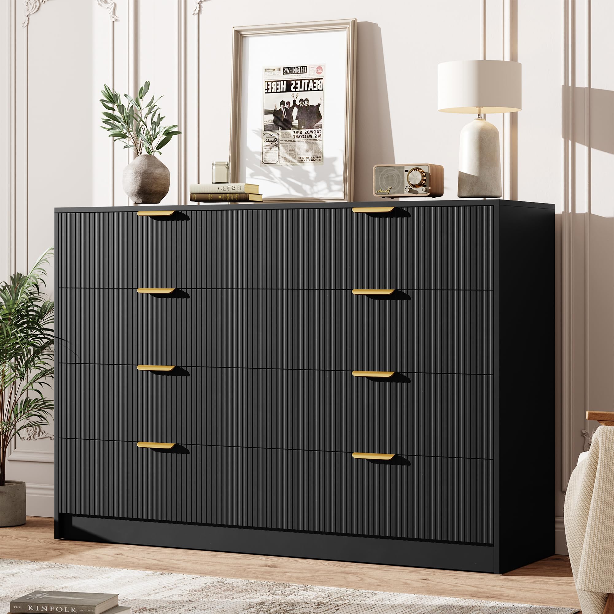 Garvee 6 Drawers Dresser for Bedroom - 54" Wide Modern Fluted Double Chest of Drawers with Golden Metal Handles, Large TV Stand Multi-Function Home Organizer for Living Room, Entryway, Hallway, Black