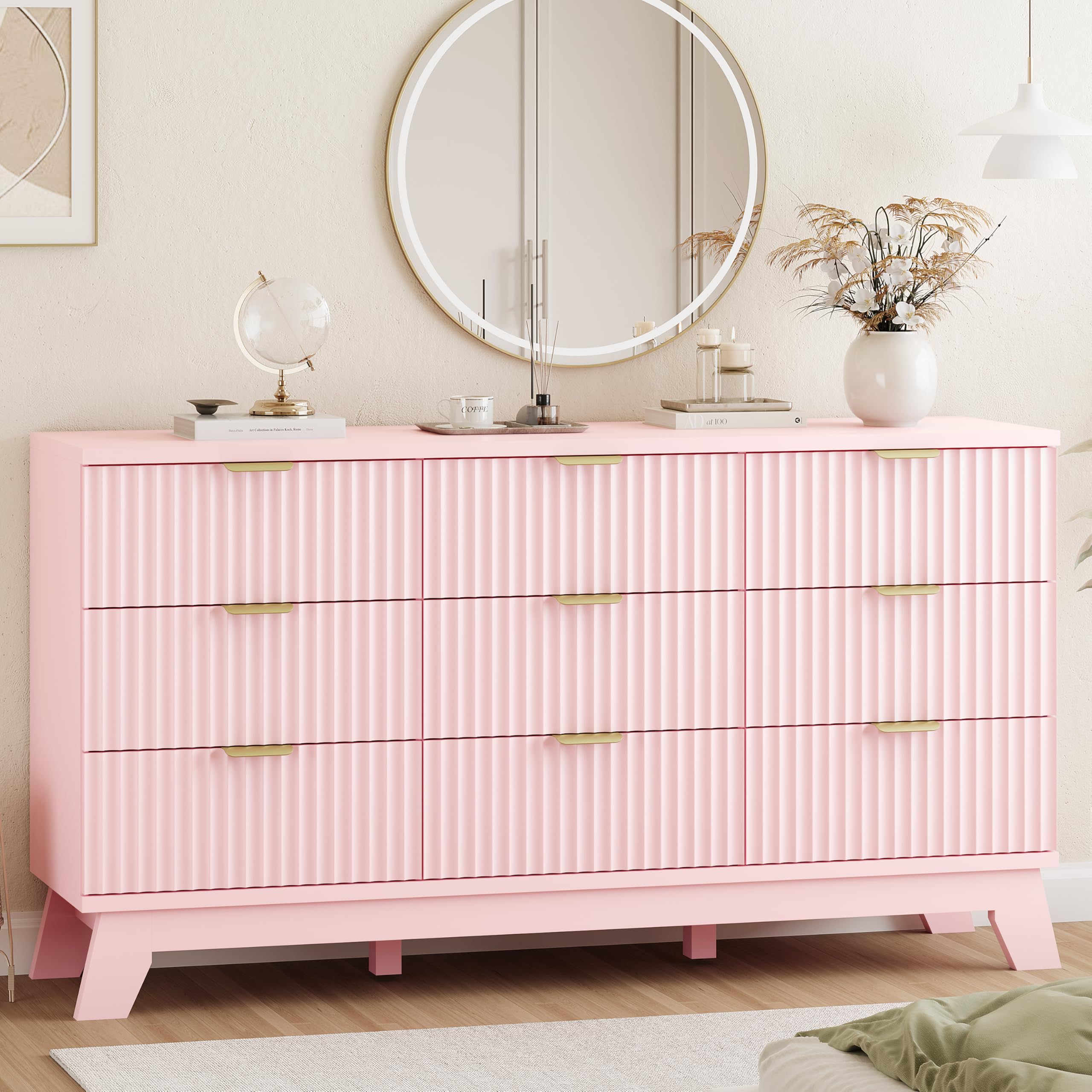 Fluted Dresser for Bedroom with 9 Drawers, 57" Wide Modern Chest of Drawers with Metal Handle, Wooden Dresser TV Stand, Wood Closet Clothes Storage Organizer for Living Room, Hallway, Natural Oak