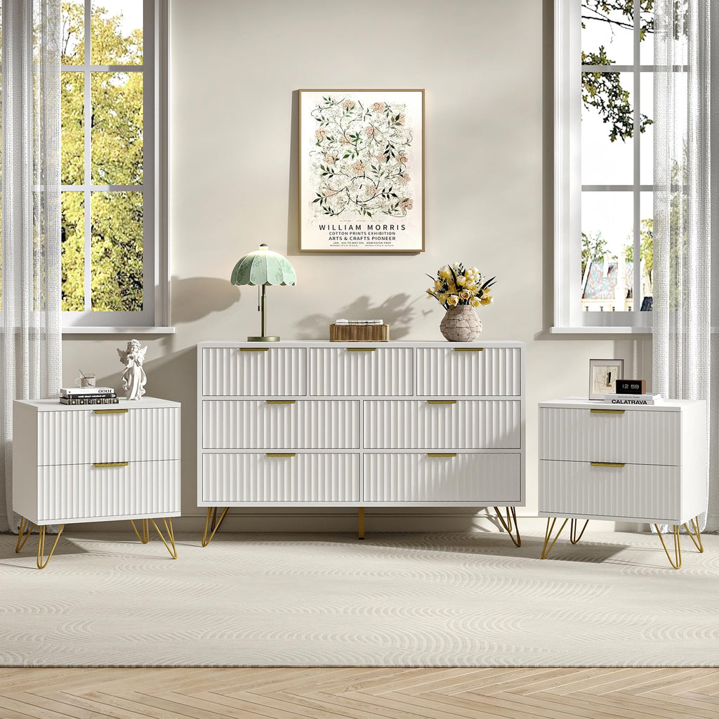 7 Drawer Dresser and Nightstand Sets for Bedroom, 3 Pcs Fluted Bedroom Set，Night Stand Set of 2 & 7 Drawer Dresser with Golden Handles, Wood Chest of Drawers Storage Cabinet Set, White