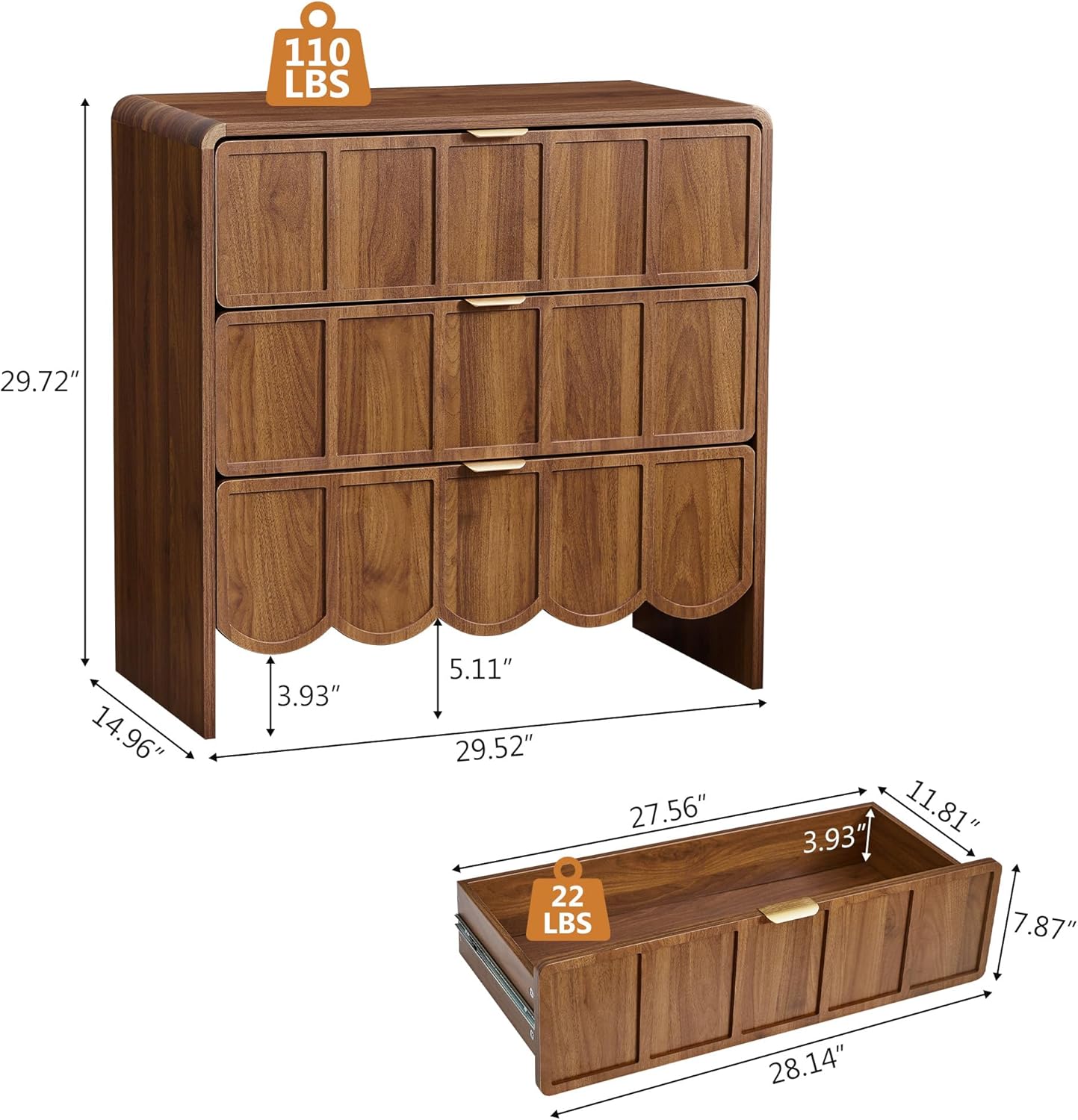 ORRD 3 Drawer Dresser for Bedroom Set of 2, Modern Closet Chest of Drawers with Wave Fluted Drawer, Wood Storage Small Dresser Organizer for Nursery Bedroom Living Room Hallway Closet (Walnut)