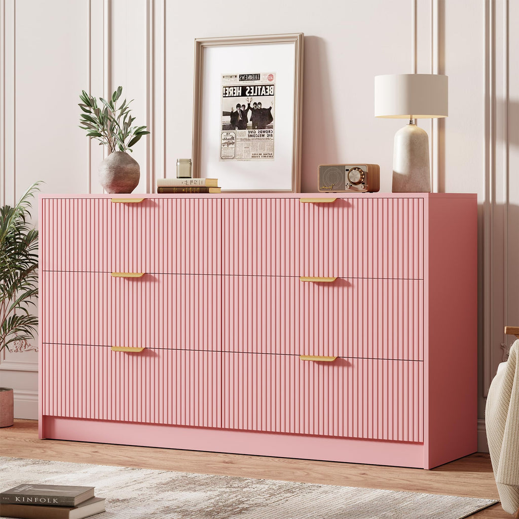 Garvee 6 Drawers Dresser for Bedroom - 54" Wide Modern Fluted Double Chest of Drawers with Golden Metal Handles, Large TV Stand Multi-Function Home Organizer for Living Room, Entryway, Hallway, Black