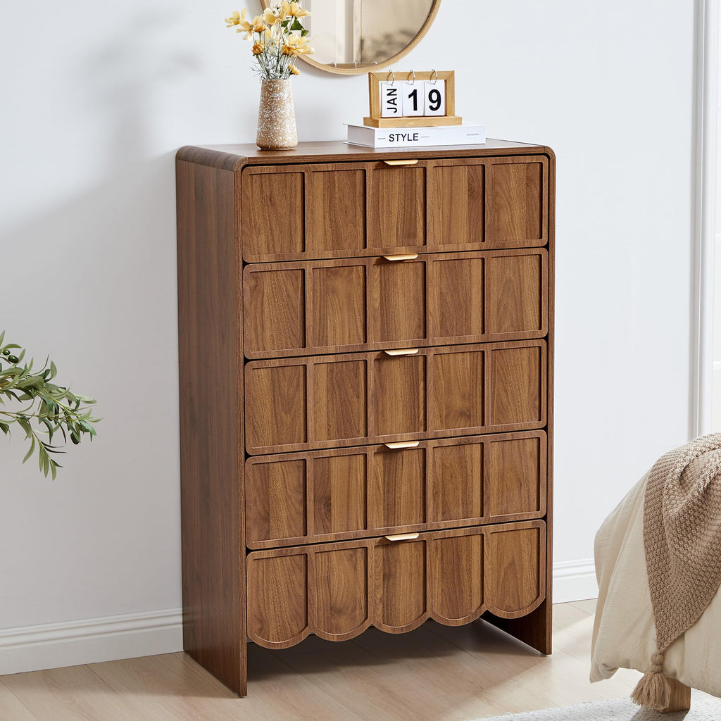 ORRD 3 Drawer Dresser for Bedroom Set of 2, Modern Closet Chest of Drawers with Wave Fluted Drawer, Wood Storage Small Dresser Organizer for Nursery Bedroom Living Room Hallway Closet (Walnut)