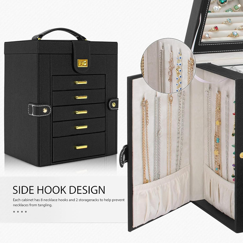 AKOZLIN Jewelry Box Organizer Functional Leather Jewelry Storage Case for Women Girls Ring Necklace Earring Bracelet Holder Organizer with Mirror Black