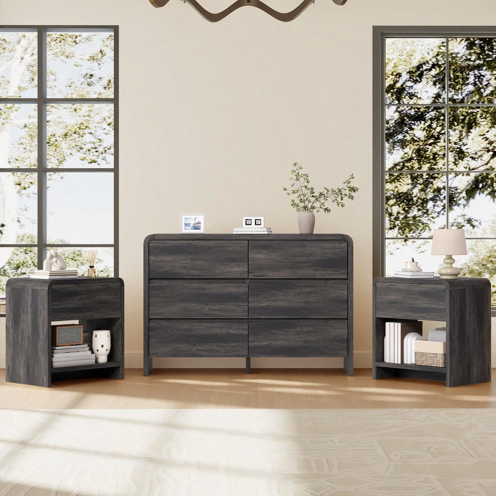 Modern 4-Piece Bedroom Furniture Set with 5-Drawer Dresser, 6-Drawer Dresser and 2 Nightstands, Large Storage Capacity, Rounded Corners, Flexible Combination Design, Anti-Tip Kit Included, Black
