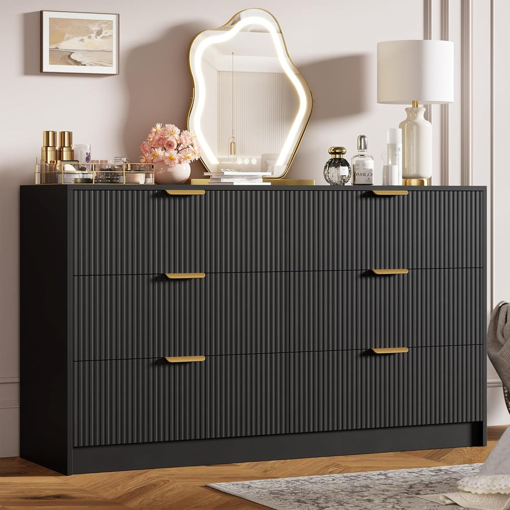 Garvee 6 Drawers Dresser for Bedroom - 54" Wide Modern Fluted Double Chest of Drawers with Golden Metal Handles, Large TV Stand Multi-Function Home Organizer for Living Room, Entryway, Hallway, Black