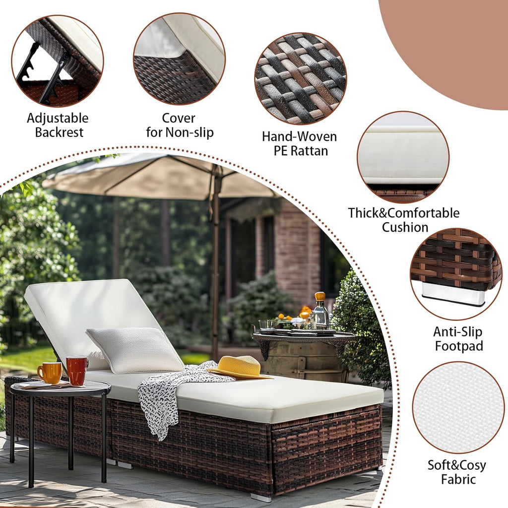 VINGLI Outdoor Chaise Lounge, Wicker Recliner w/Adjustable Backrest, Thick Water Repellent Cushions, Patio Rattan Lounge Chairs for Lawn, Beach, Balcony, Poolside (Brown)