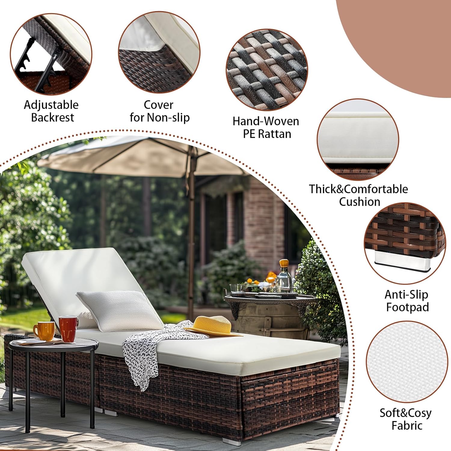 VINGLI Outdoor Chaise Lounge, Wicker Recliner w/Adjustable Backrest, Thick Water Repellent Cushions, Patio Rattan Lounge Chairs for Lawn, Beach, Balcony, Poolside (Brown)