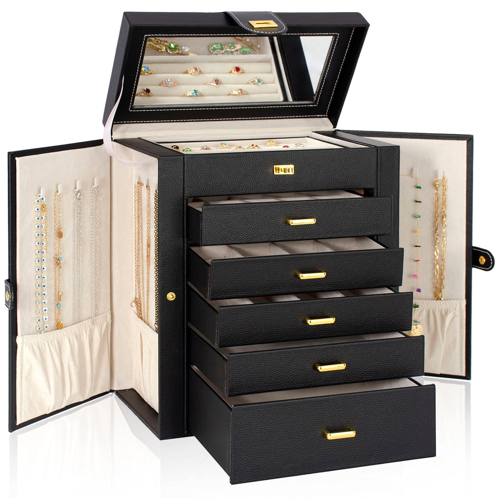 AKOZLIN Jewelry Box Organizer Functional Leather Jewelry Storage Case for Women Girls Ring Necklace Earring Bracelet Holder Organizer with Mirror Black