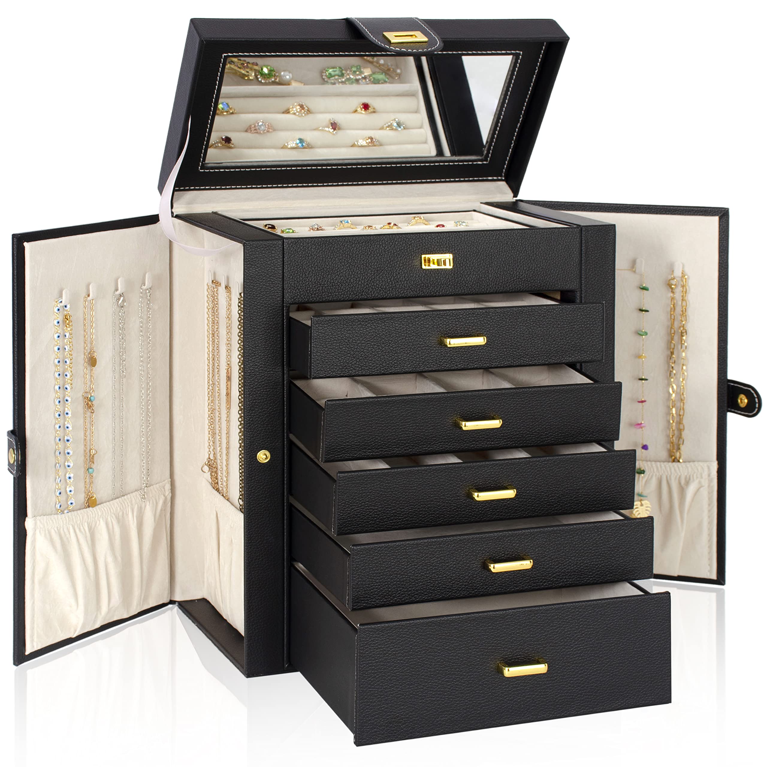 AKOZLIN Jewelry Box Organizer Functional Leather Jewelry Storage Case for Women Girls Ring Necklace Earring Bracelet Holder Organizer with Mirror Black